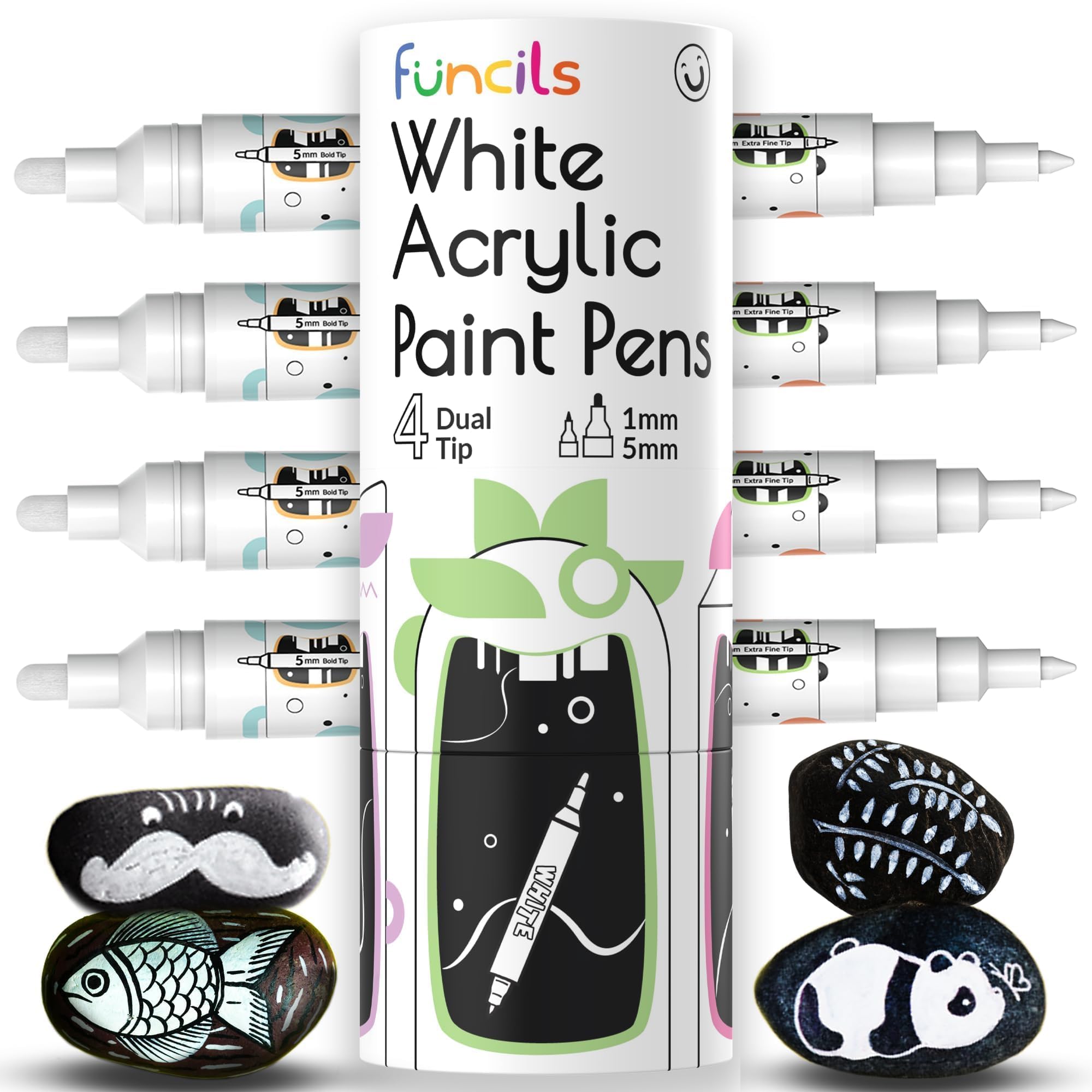 Funcils 4 White Acrylic Paint Pens – Dual Tip Fine & Medium Markers