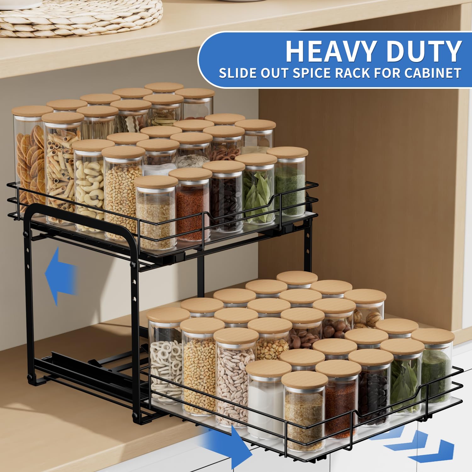 AIRUJIA Pull Out Cabinet Organizer – 2-Tier Metal Adjustable Spice Rack