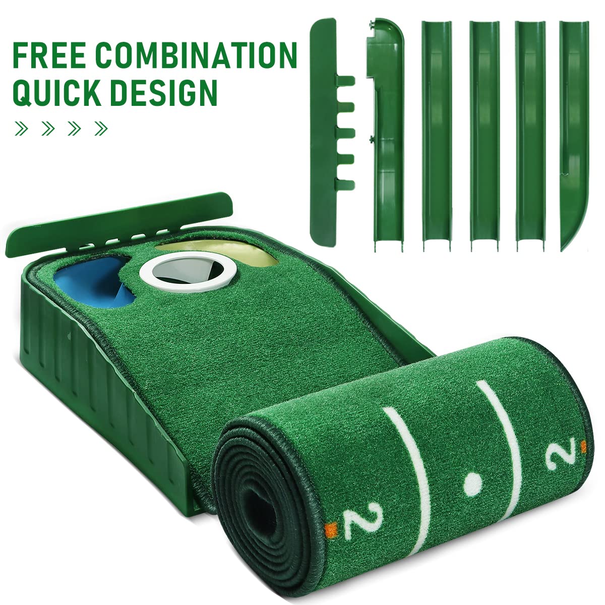 HUAEN Golf Putting Green Mat with 3 Holes and Auto Ball Return – 9.35ft