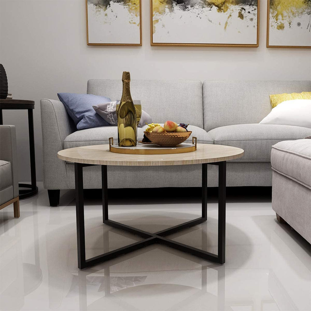 Jolof Store Round Coffee Table – Modern Wood and Metal Tea Table