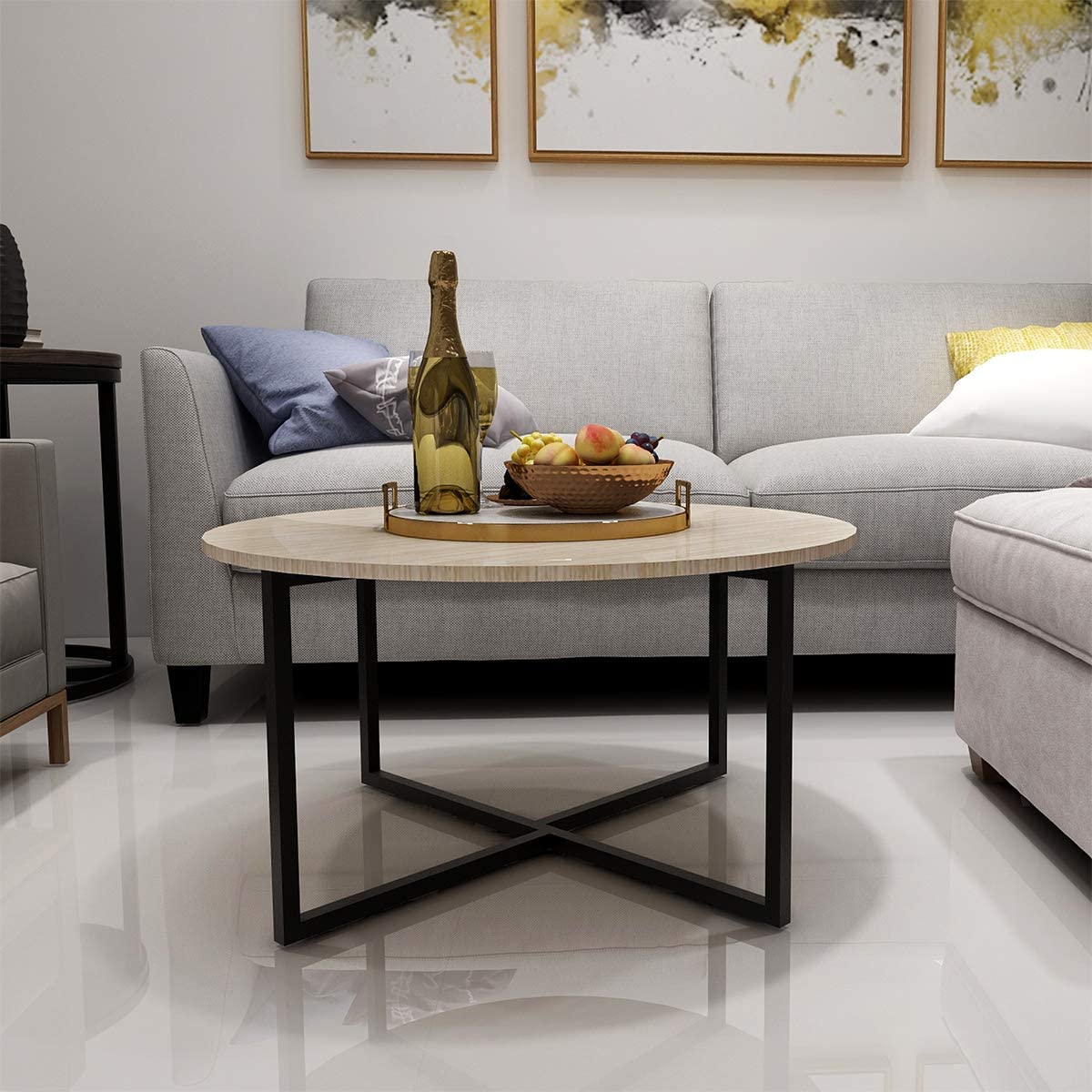 Jolof Store Round Coffee Table – Modern Wood and Metal Tea Table