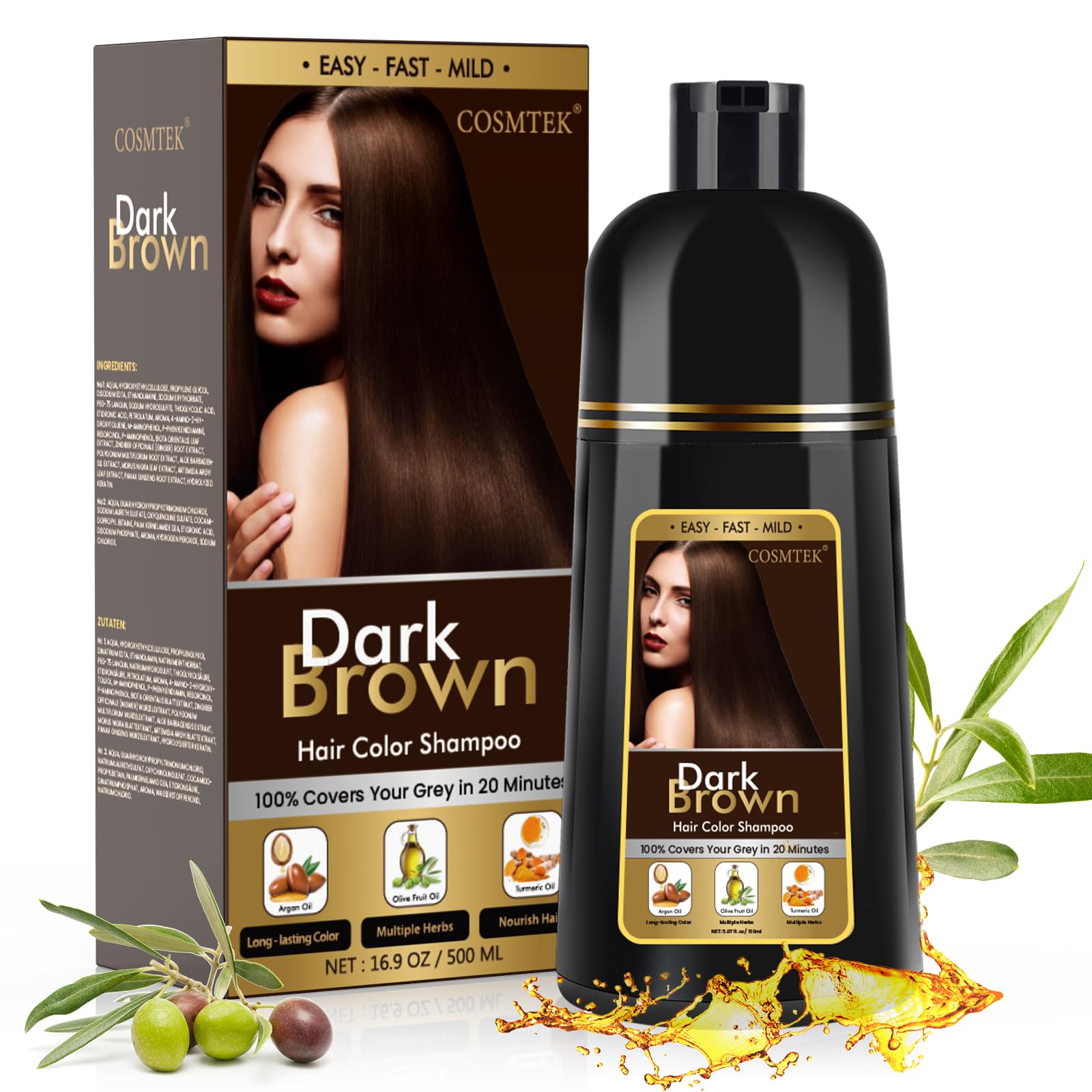 Dark Brown Hair Dye Shampoo | 3-in-1 Gray Hair Coverage | 500ml