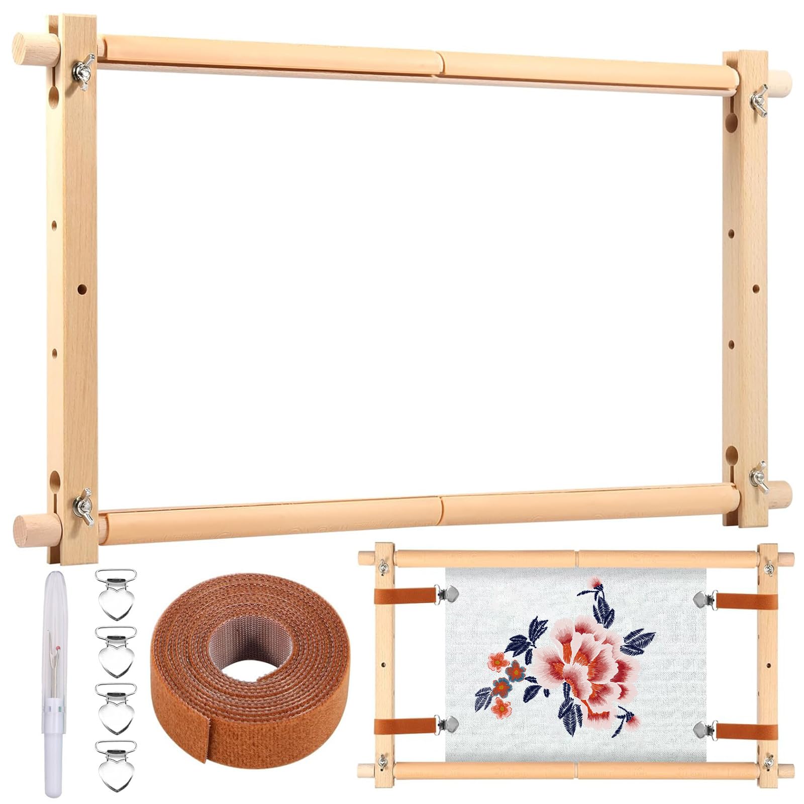 ELLECILA Cross Stitch Frame – 21x12 Adjustable Beech Wood Scroll Kit