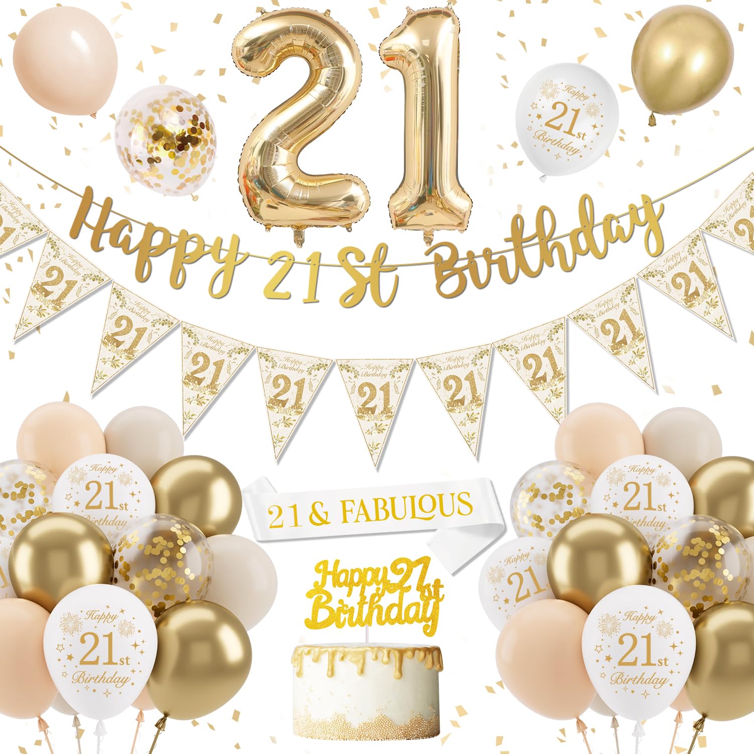 Jolof Store 21st Birthday Decorations Kit – Sand White & Gold Party Set