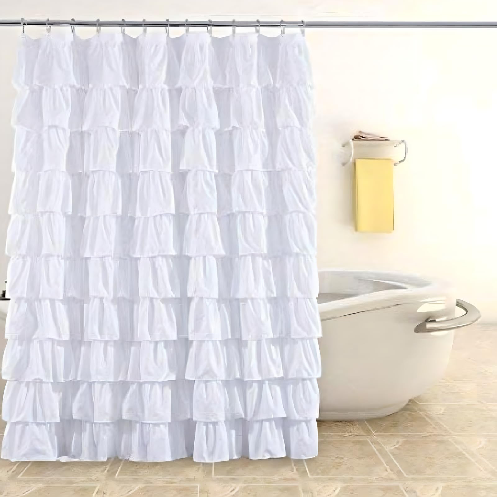 YYW White Fabric Shower Curtain | Waterproof Washable Liner with Hooks