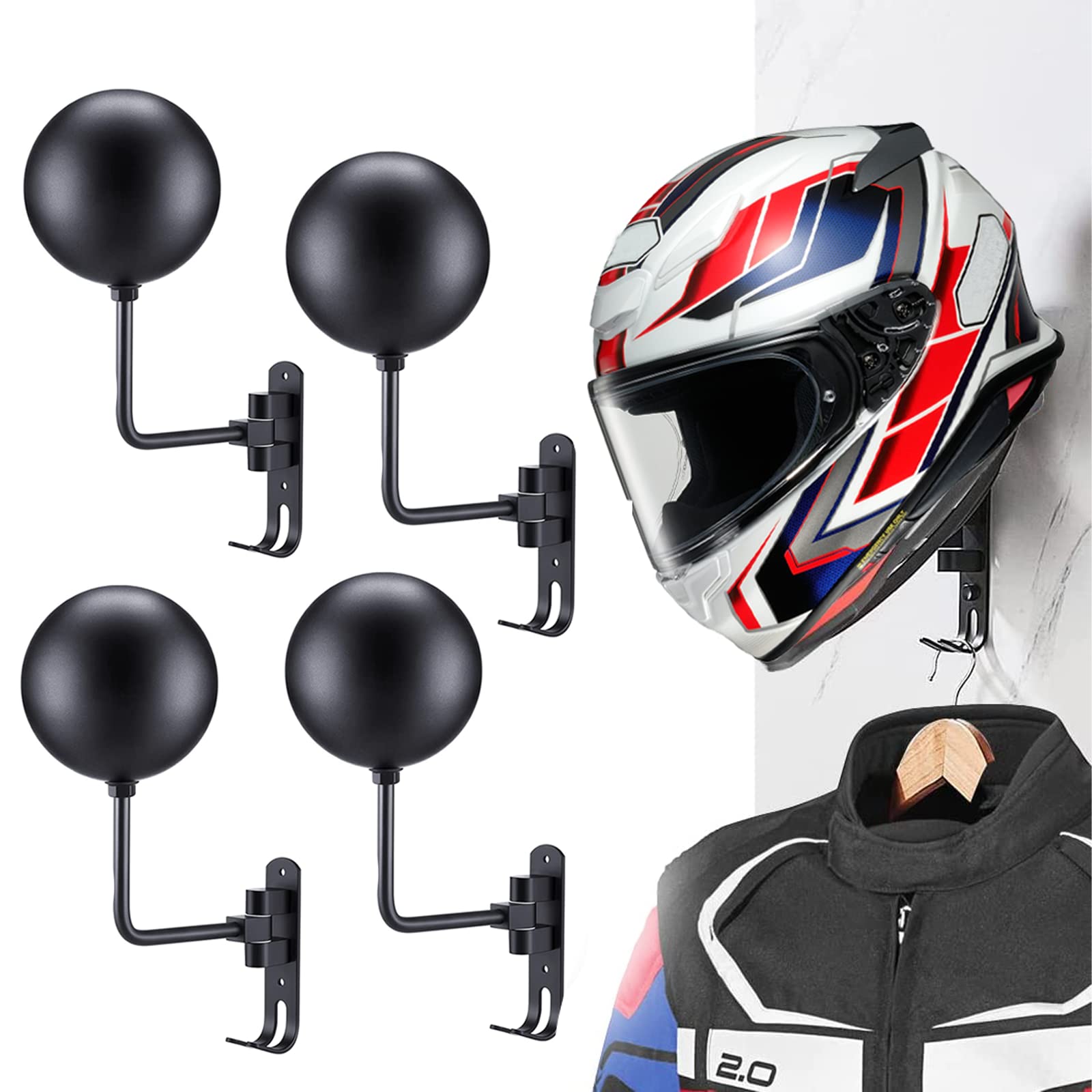 Motofans Wall Mount Helmet Holder | Rotating Metal Rack with Hooks