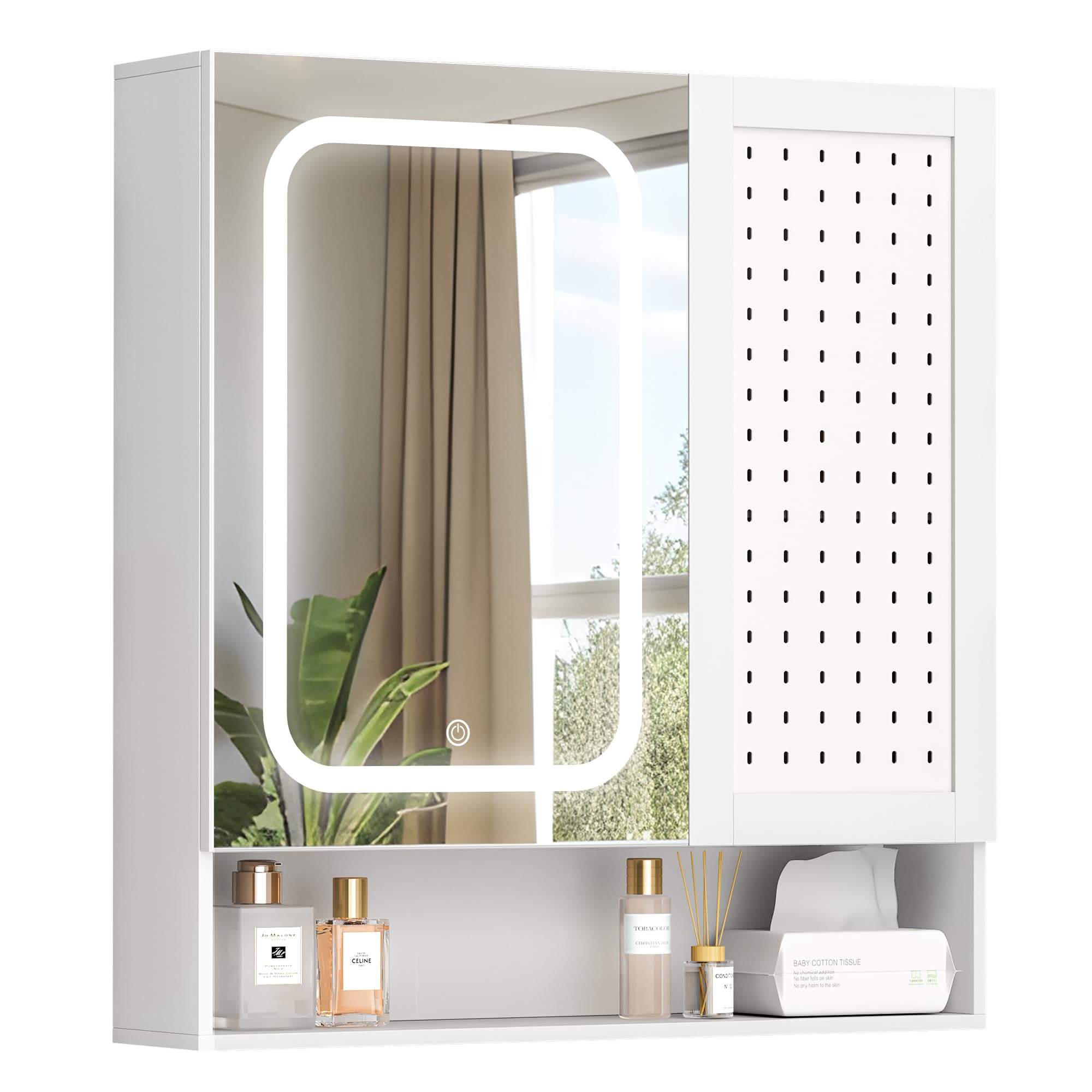 Pamapic LED Bathroom Mirror Cabinet | 70x75cm Dimmable Wall Cupboard