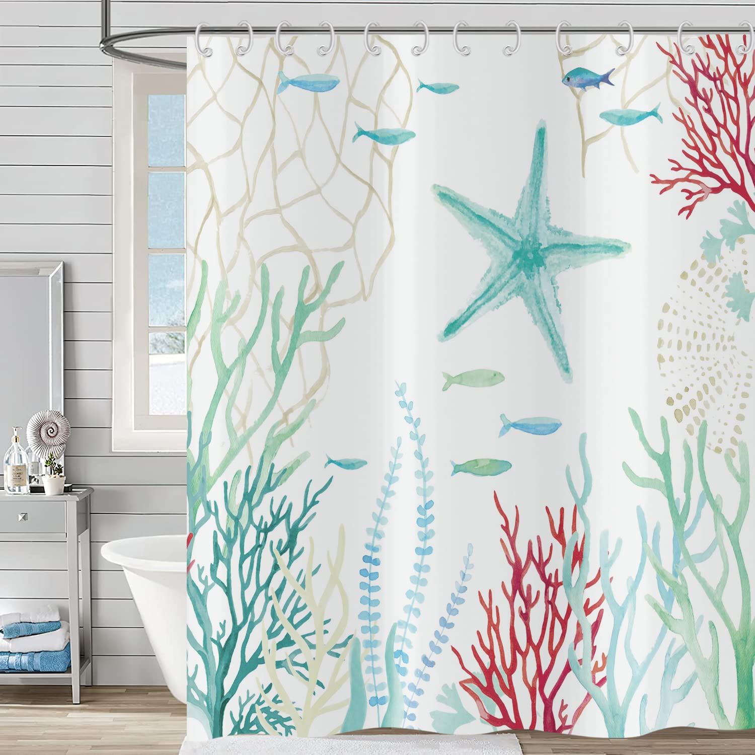 Hnmdmyi Starfish & Tropical Fish Shower Curtain | Waterproof Polyester 71x79"
