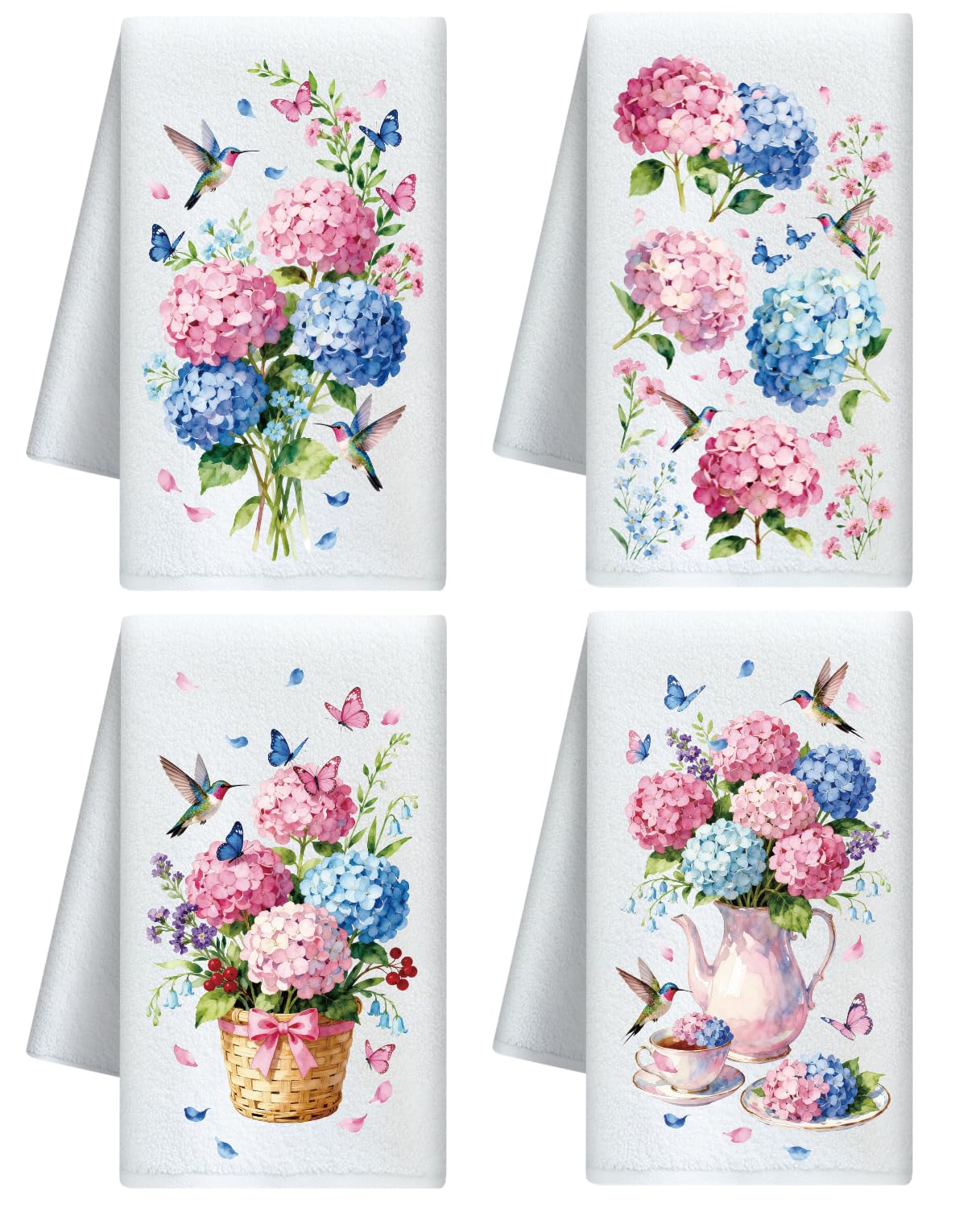 CUTHOLLOW Hydrangea & Hummingbird Microfiber Kitchen Towels – Set of 4