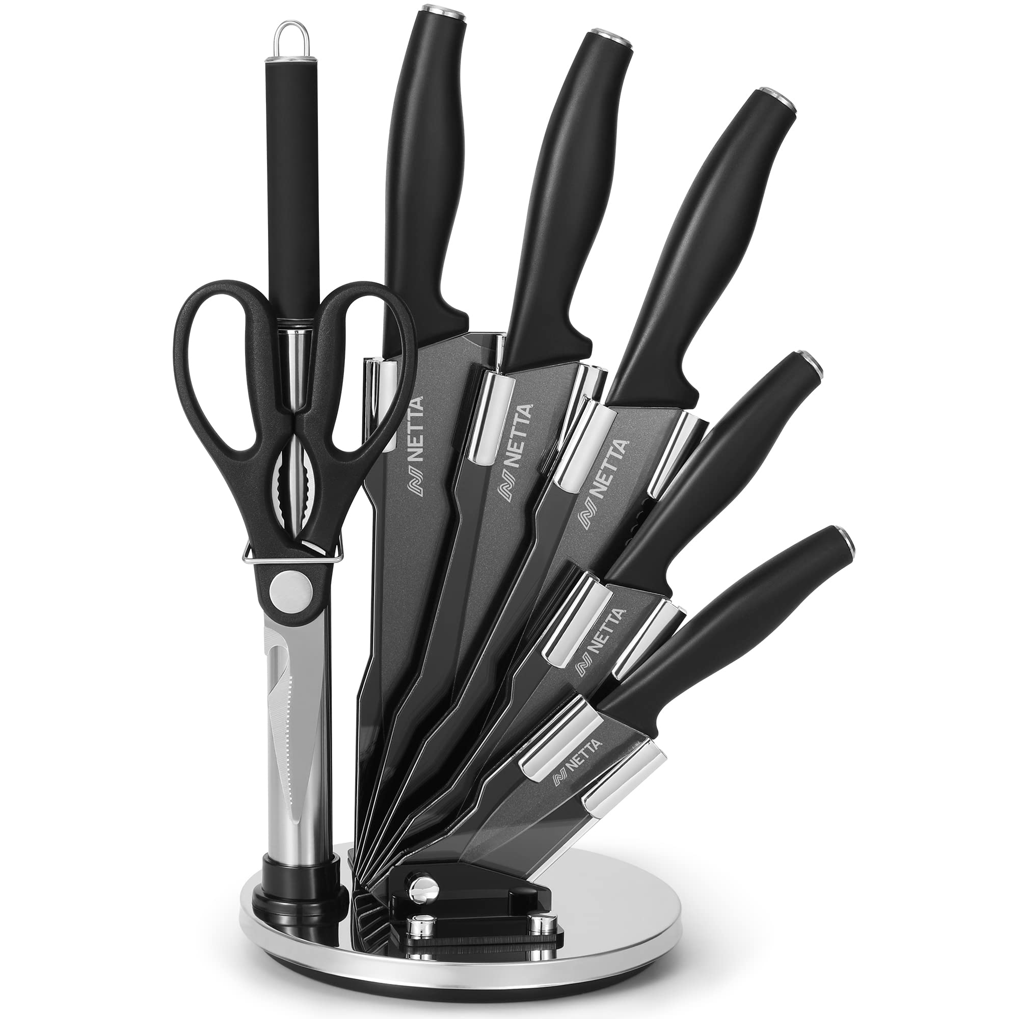NETTA 7-Piece Stainless Steel Kitchen Knife Set with Clear Block