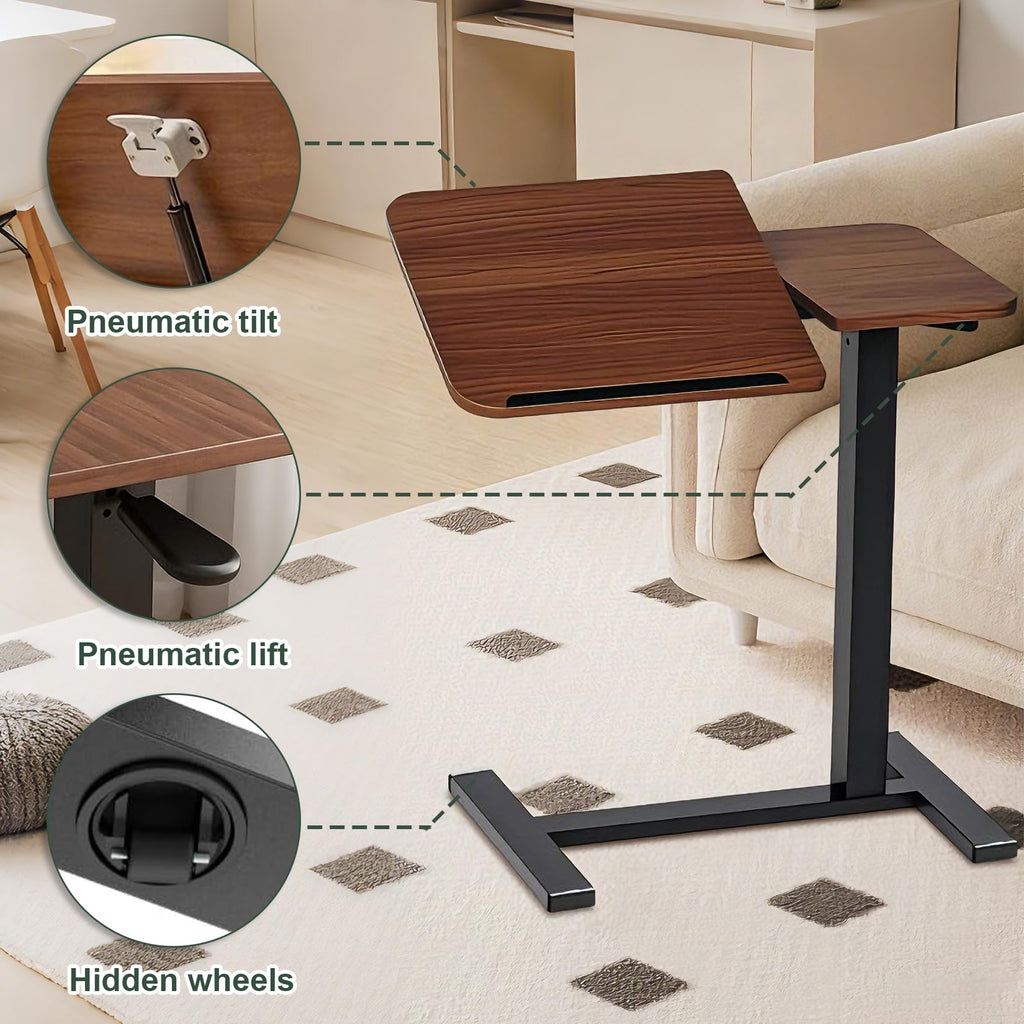 YunMeoCool C Shaped Side Table Adjustable Height with Hidden Wheels, Dual Pneumatic Lift & Tilt Top, 60x40cm Mobile Overbed Table That Slide Under - image 3