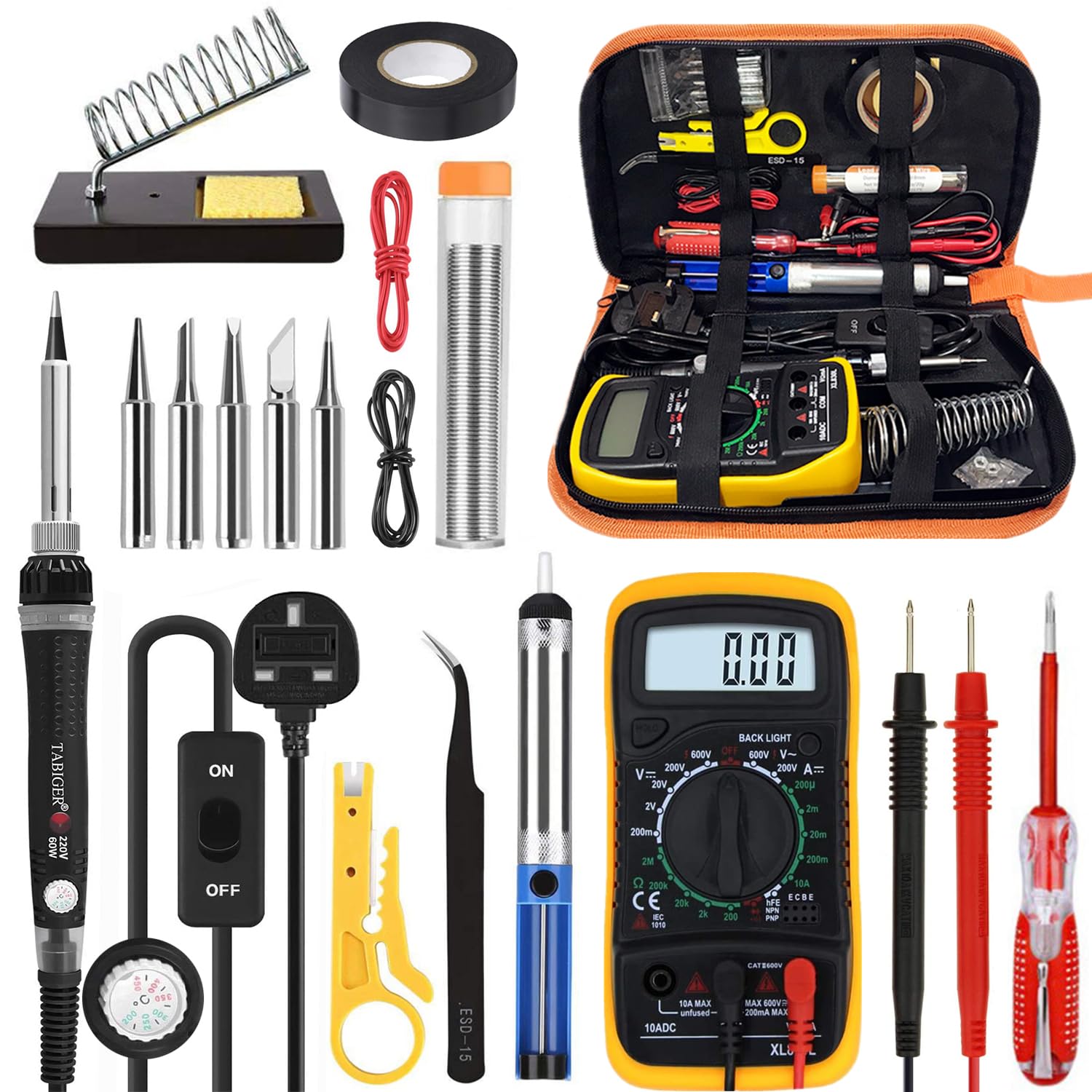 Tabiger 60W Soldering Iron Kit with LCD Multimeter and Tool Bag