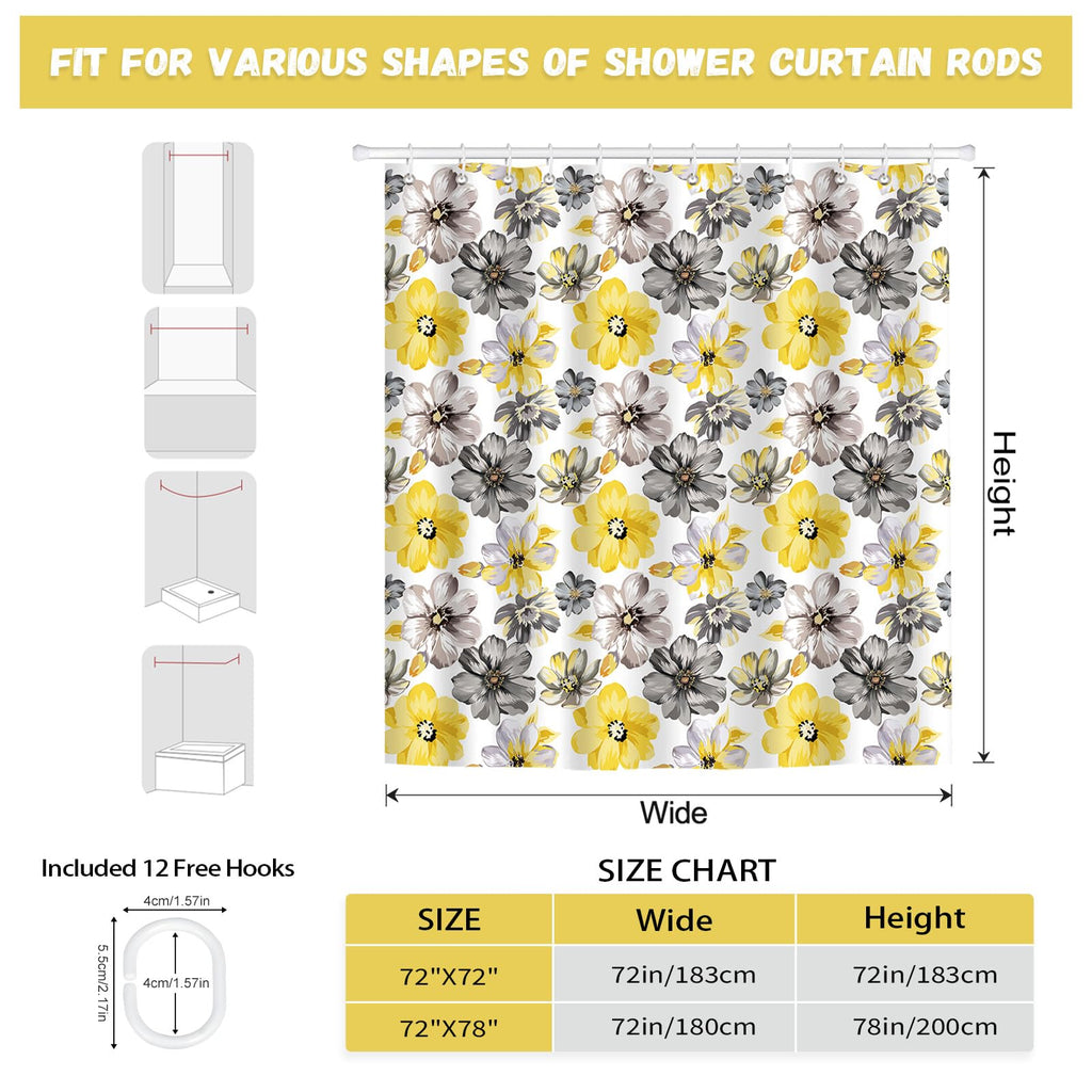 hometrixx Spring Farmhouse Floral Yellow Gray Shower Curtain 180x180cm - image 4