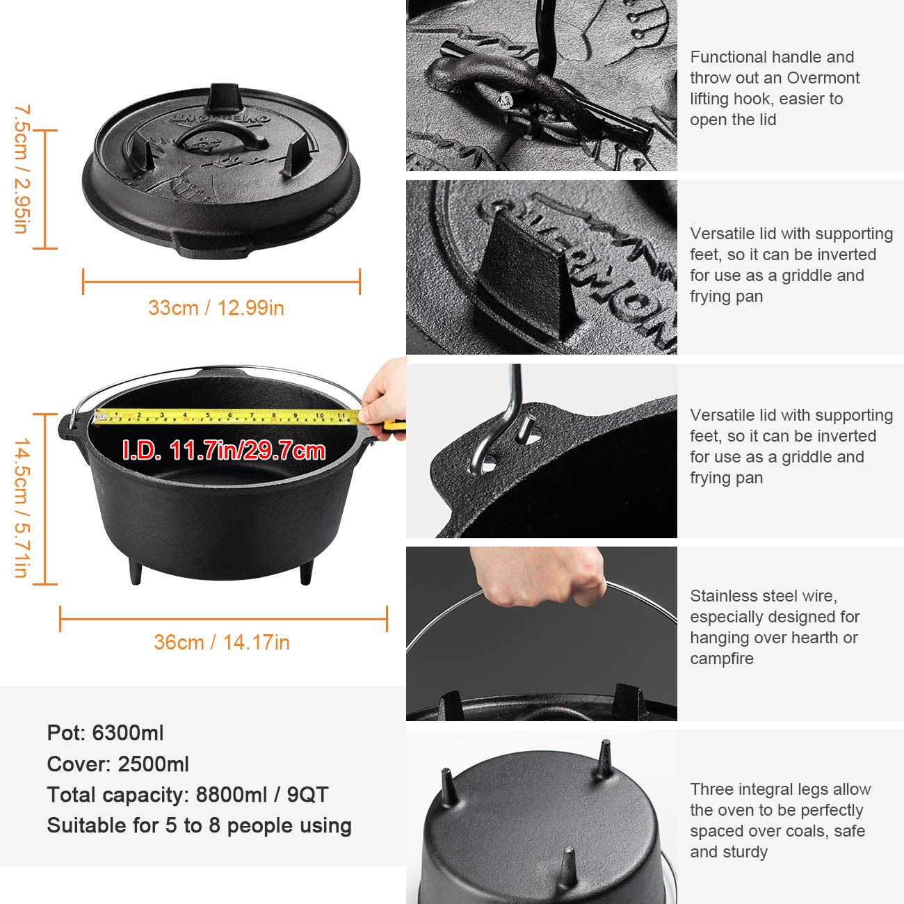 Overmont 9 Quart Cast Iron Dutch Oven with Dual Function Griddle Lid
