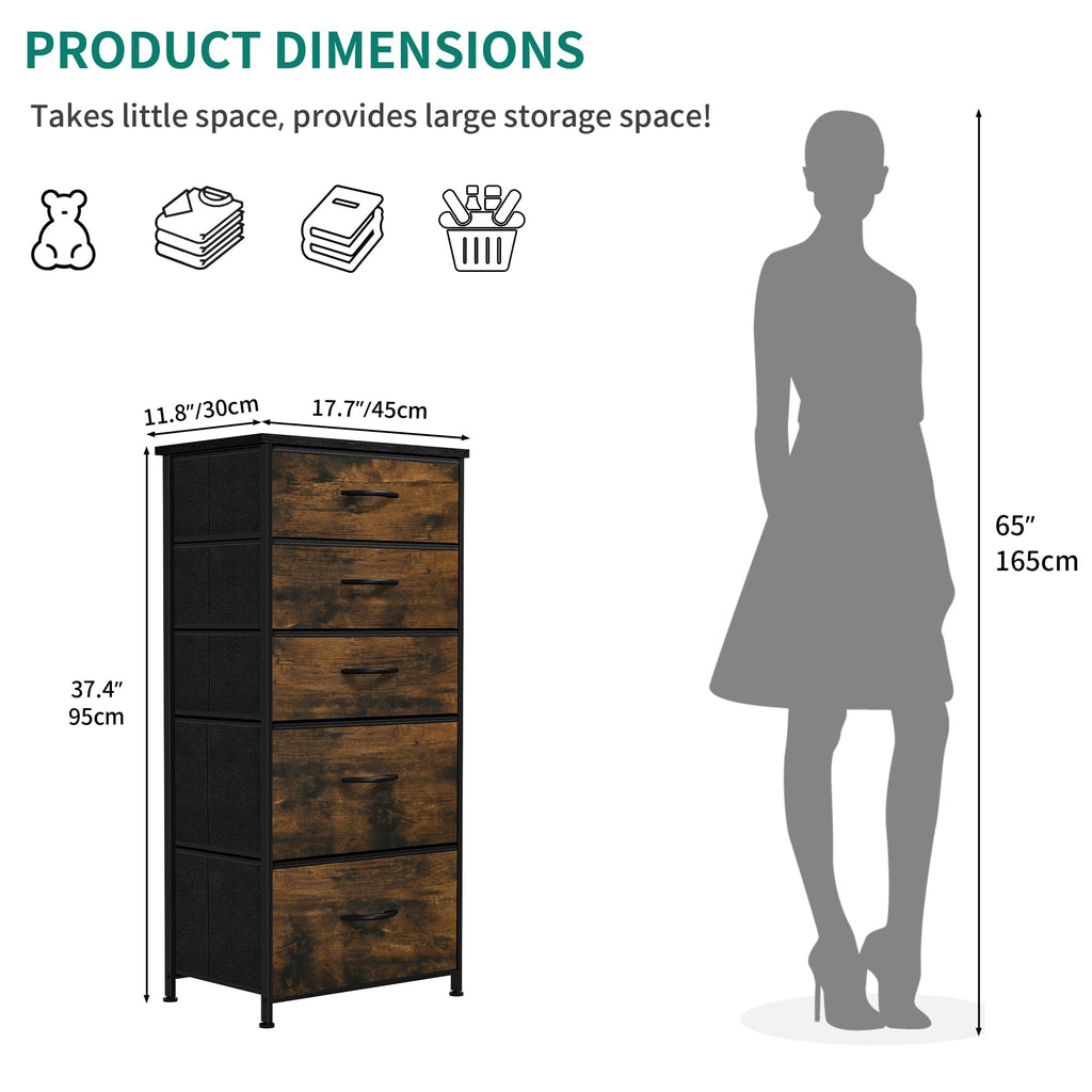 YITAHOME 5-Drawer Fabric Dresser – Rustic Brown Metal Storage Chest