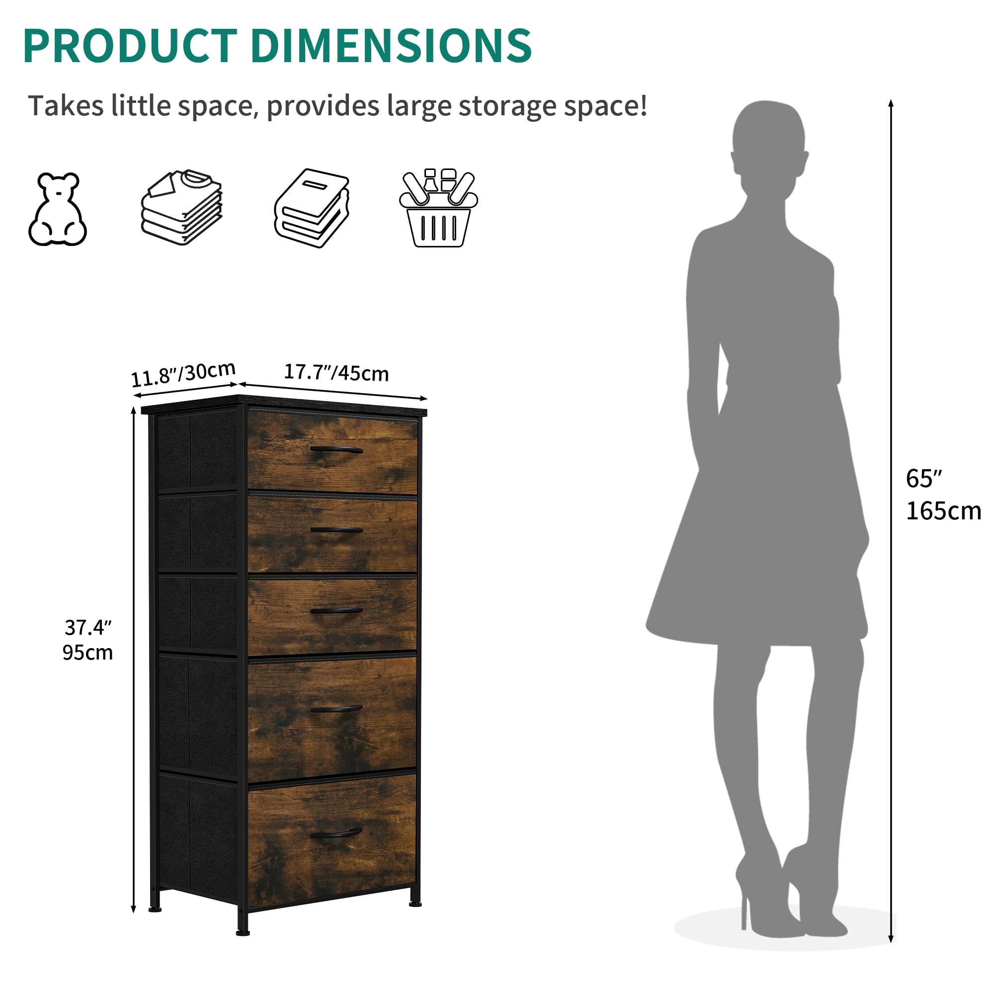 YITAHOME 5-Drawer Fabric Dresser – Rustic Brown Metal Storage Chest