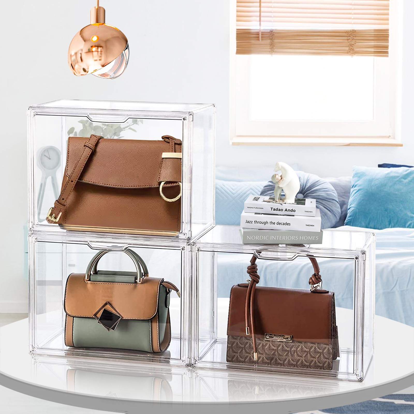 LINYAPRY 4-Pack Stackable Acrylic Handbag Organizer with Magnetic Door