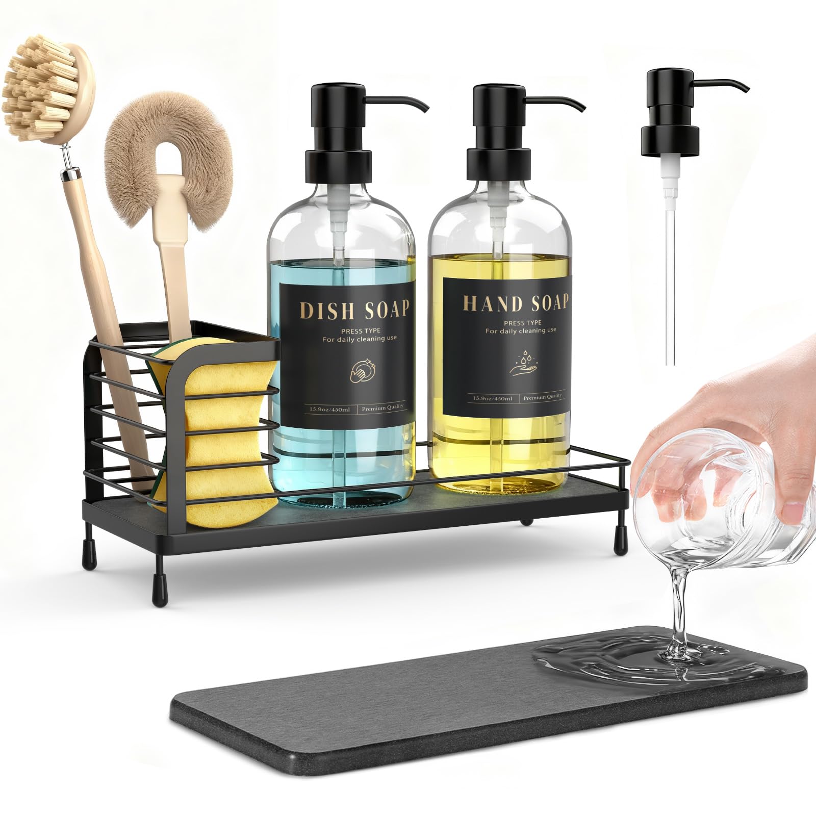 Luxspire Glass Kitchen Soap Dispenser Set with Fast Drying Tray - 17oz