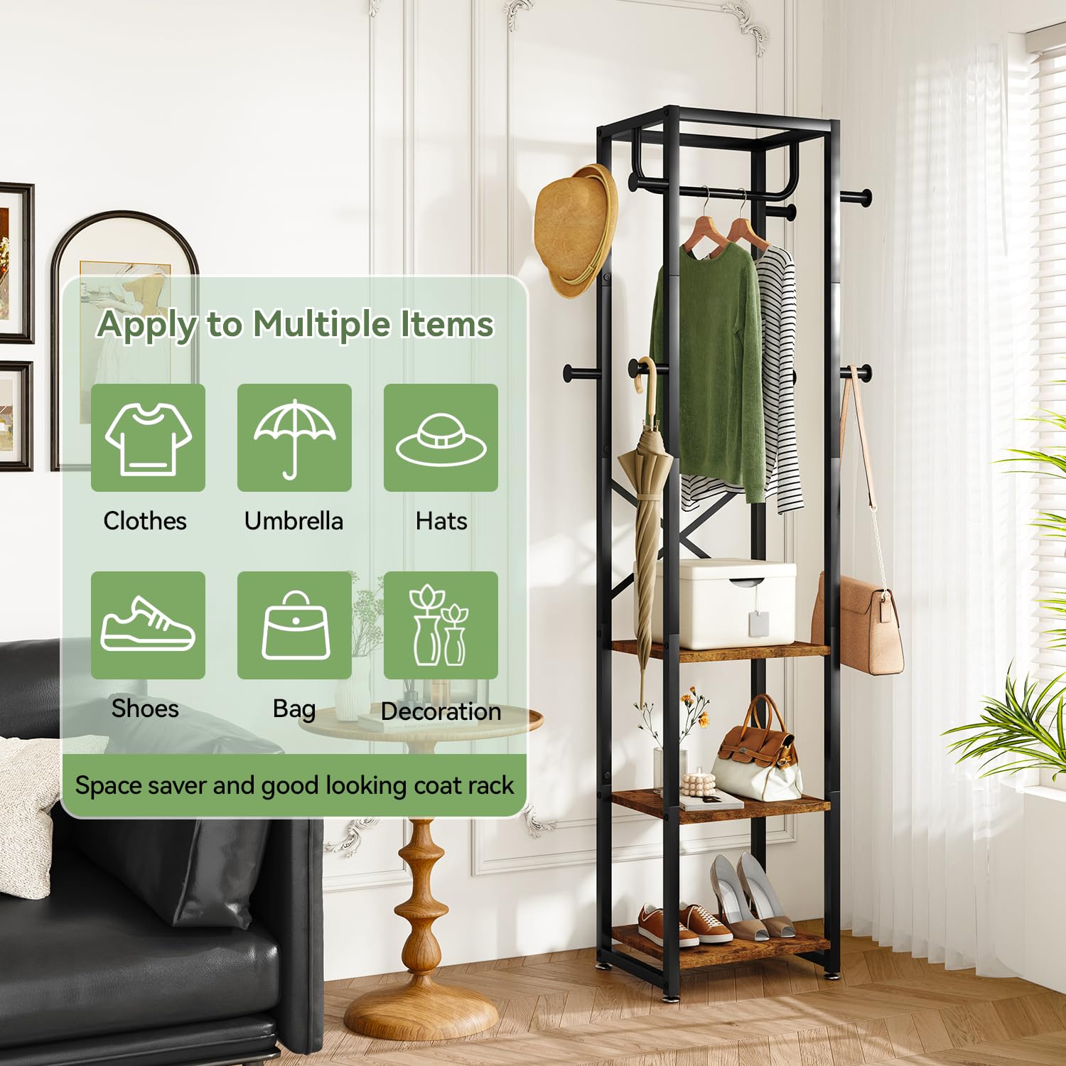 IBUYKE Industrial Coat Rack – Freestanding Hall Tree with 3 Shelves & 8 Hooks