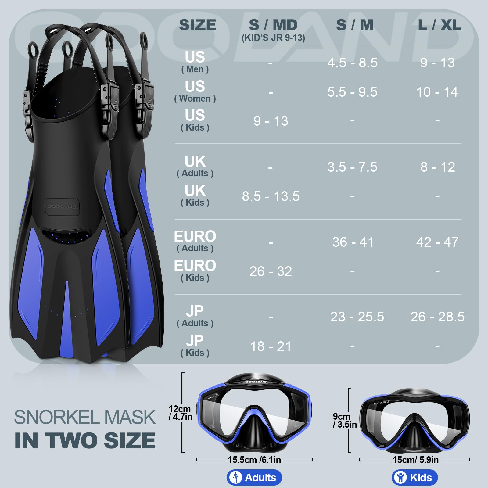 Odoland Snorkel Set | Panoramic Mask, Dry Top Snorkel & Fins - Blue