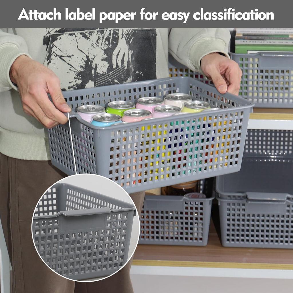Afromy Set of 3 Plastic Storage Baskets, Rectangular Weave Storage Basket Bin, Grey - image 4