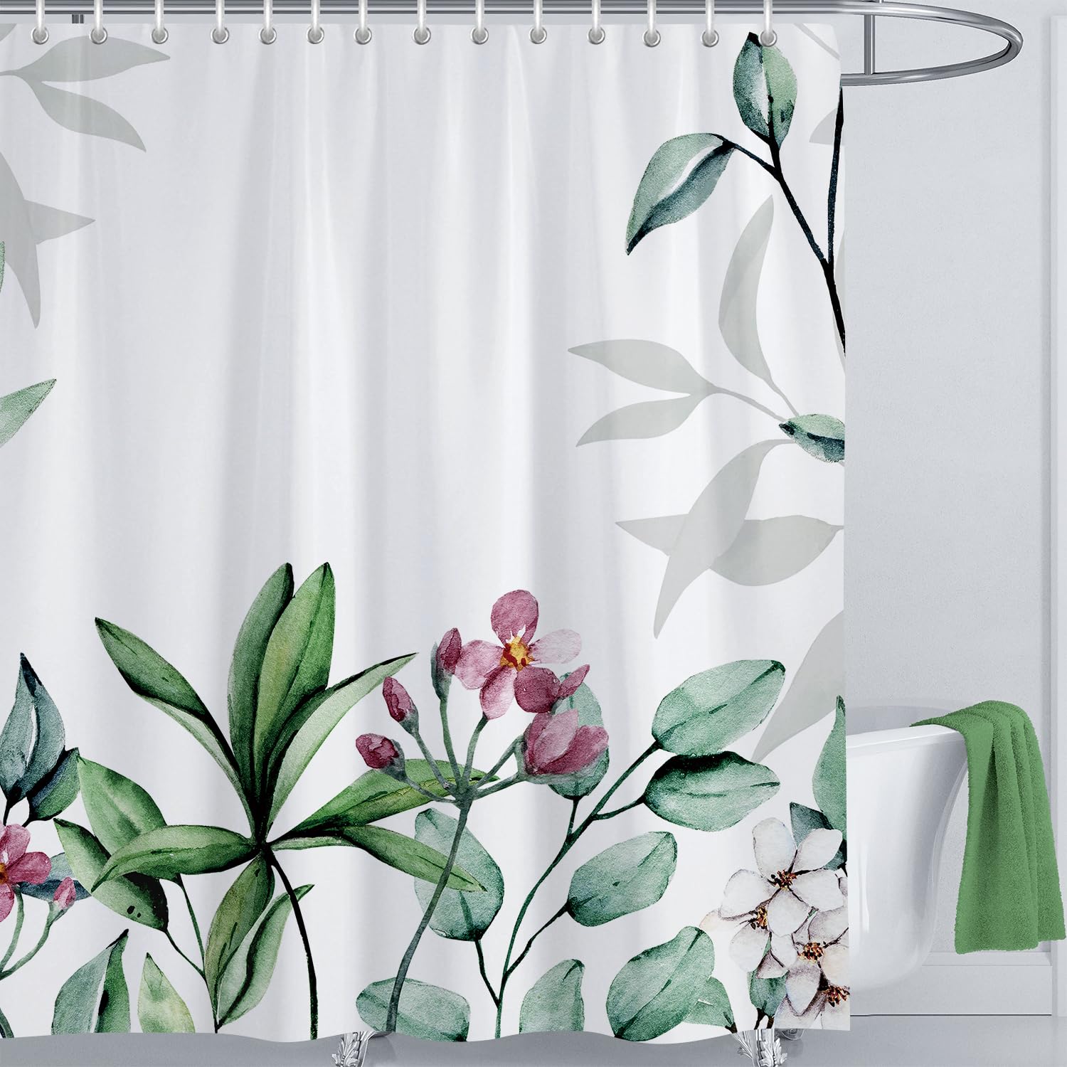 LIVETTY Green Leaves Floral Shower Curtain | 180x180cm Fabric with Hooks