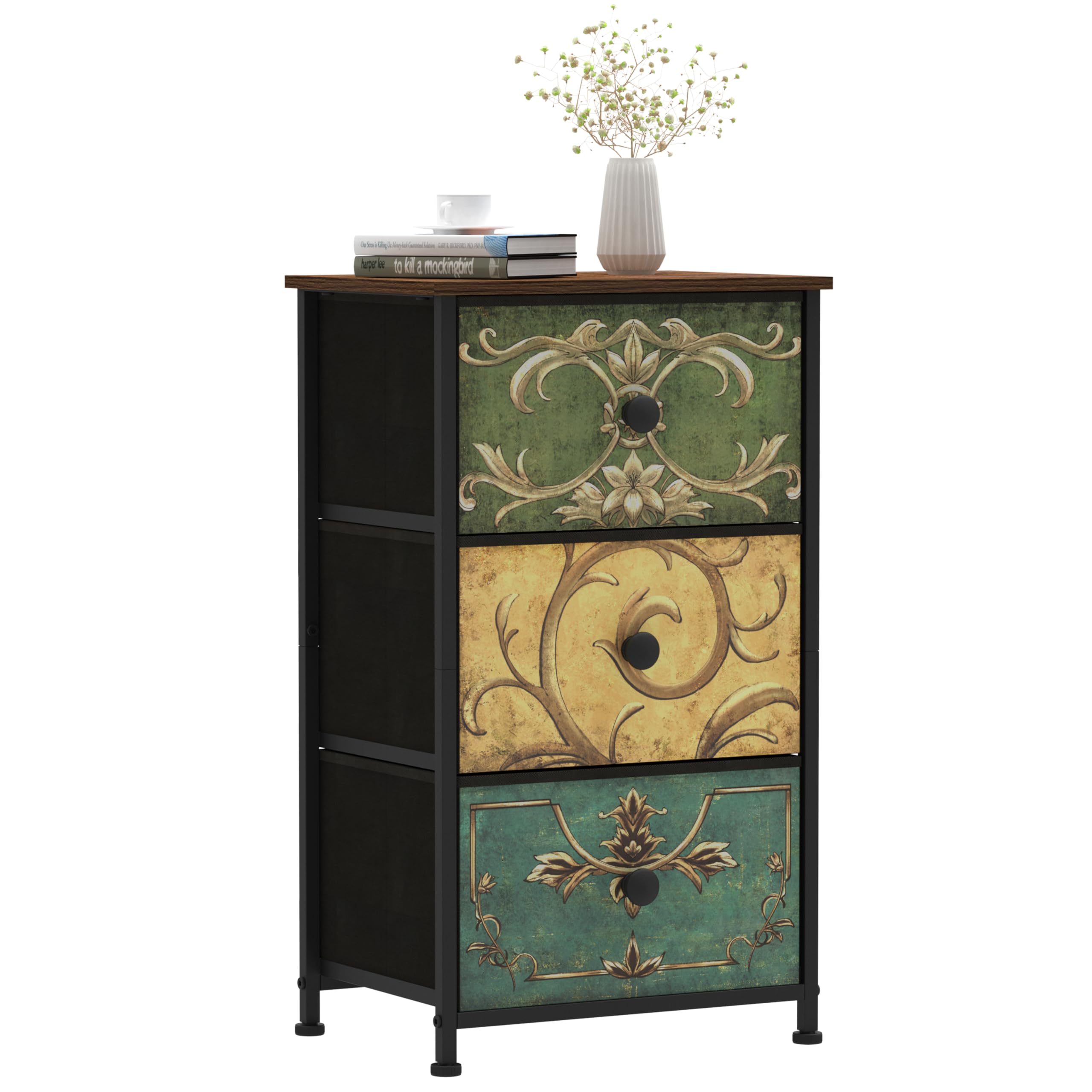 VEDECASA 3-Drawer Fabric Dresser – Narrow Retro Nightstand with Wood Top
