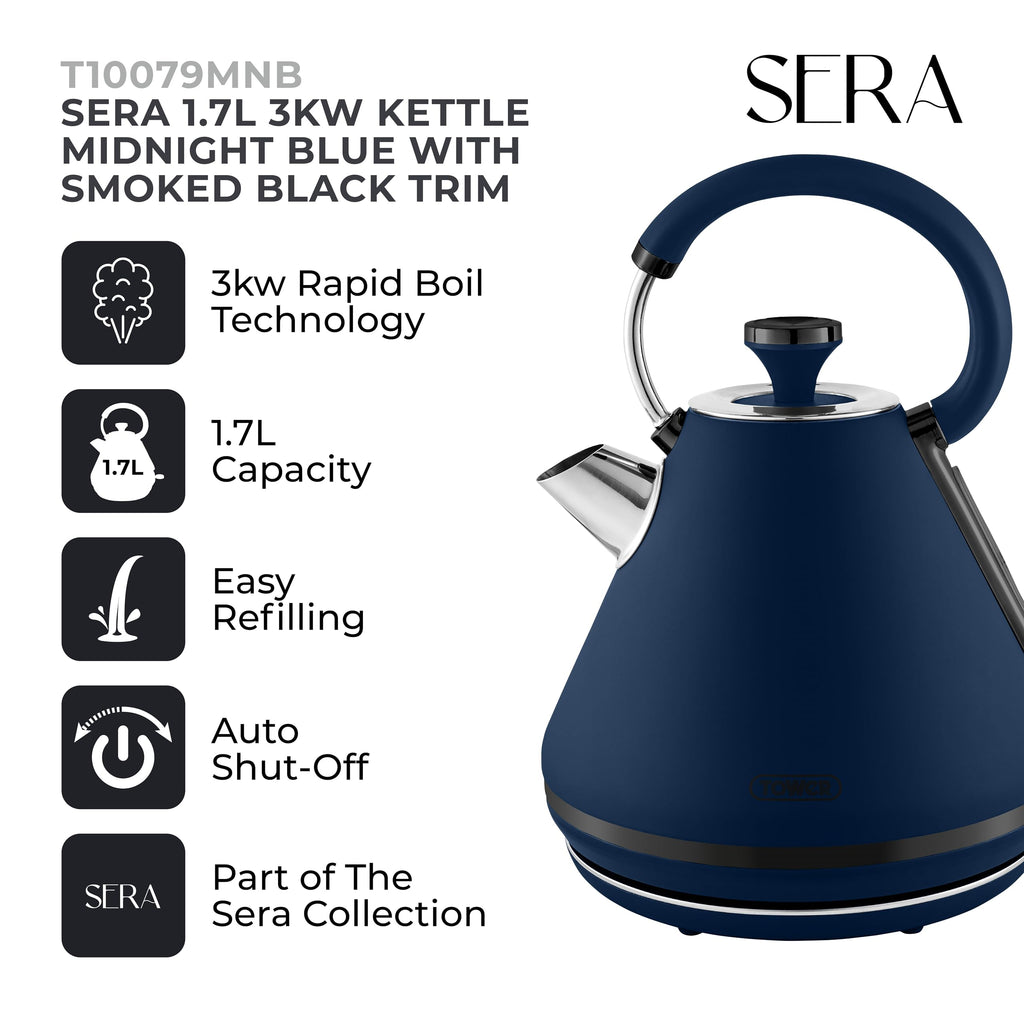 Tower Sera Pyramid Kettle | 1.7L Rapid Boil 3KW | Midnight Blue