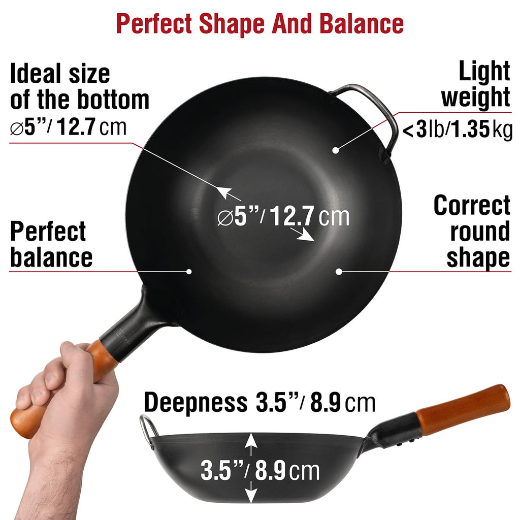 Yosukata 30 cm Carbon Steel Wok Pan – Pre-Seasoned Flat Bottom Pow Wok
