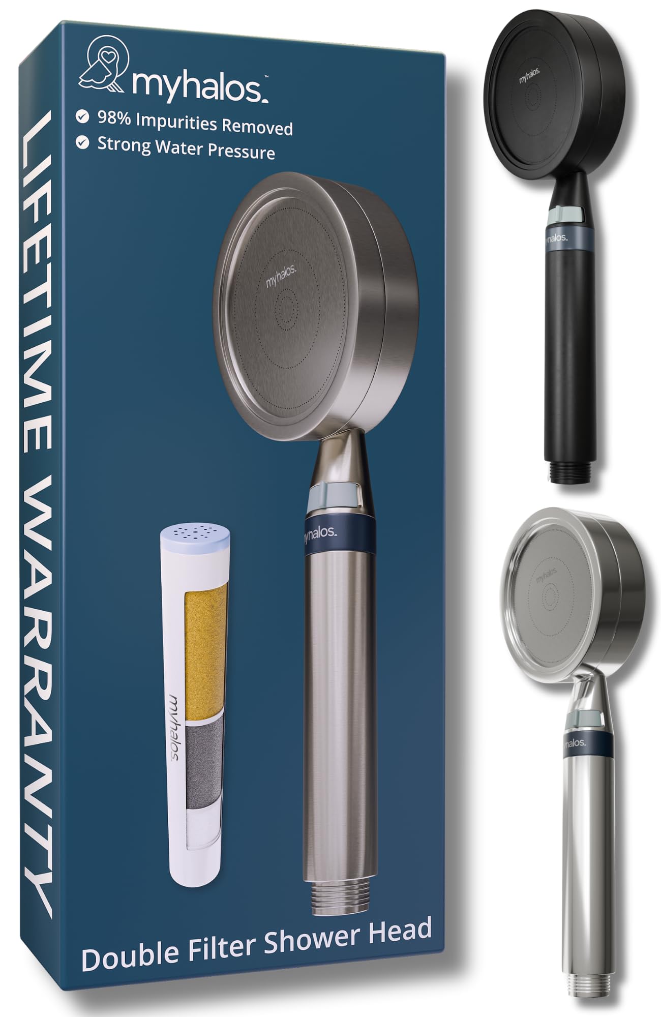 MyHalos Shower Filter for Hard Water - High Pressure Brushed Metal Set