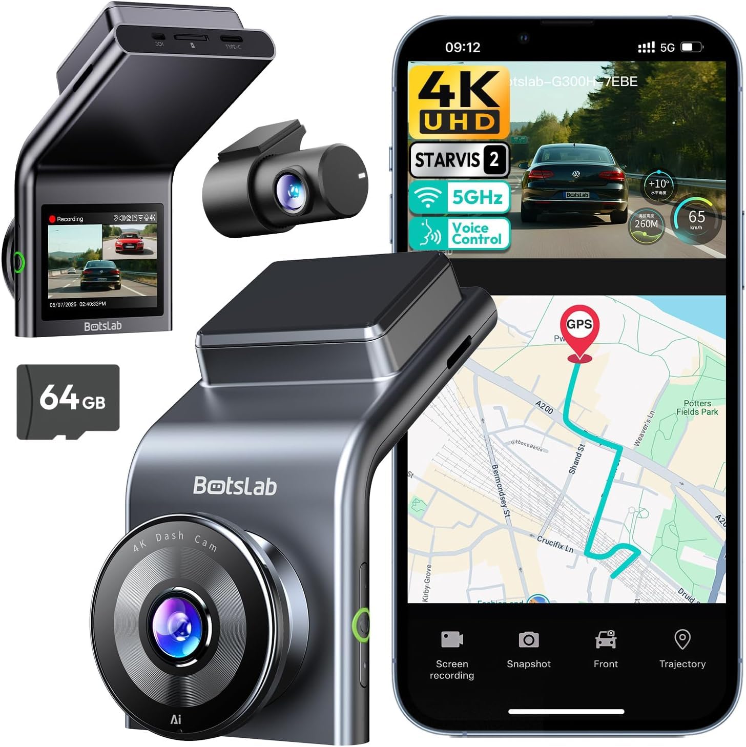 BOTSLAB 4K Dual Dash Cam – STARVIS 2 Sensor, GPS & WiFi Car Camera