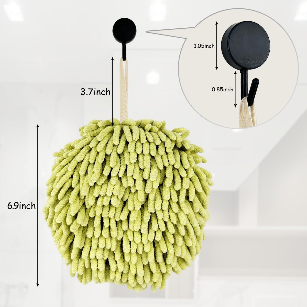 Fuzzy Ball Hand Towels, Set of 2, Chenille Quick Dry, 6.9inchgreen