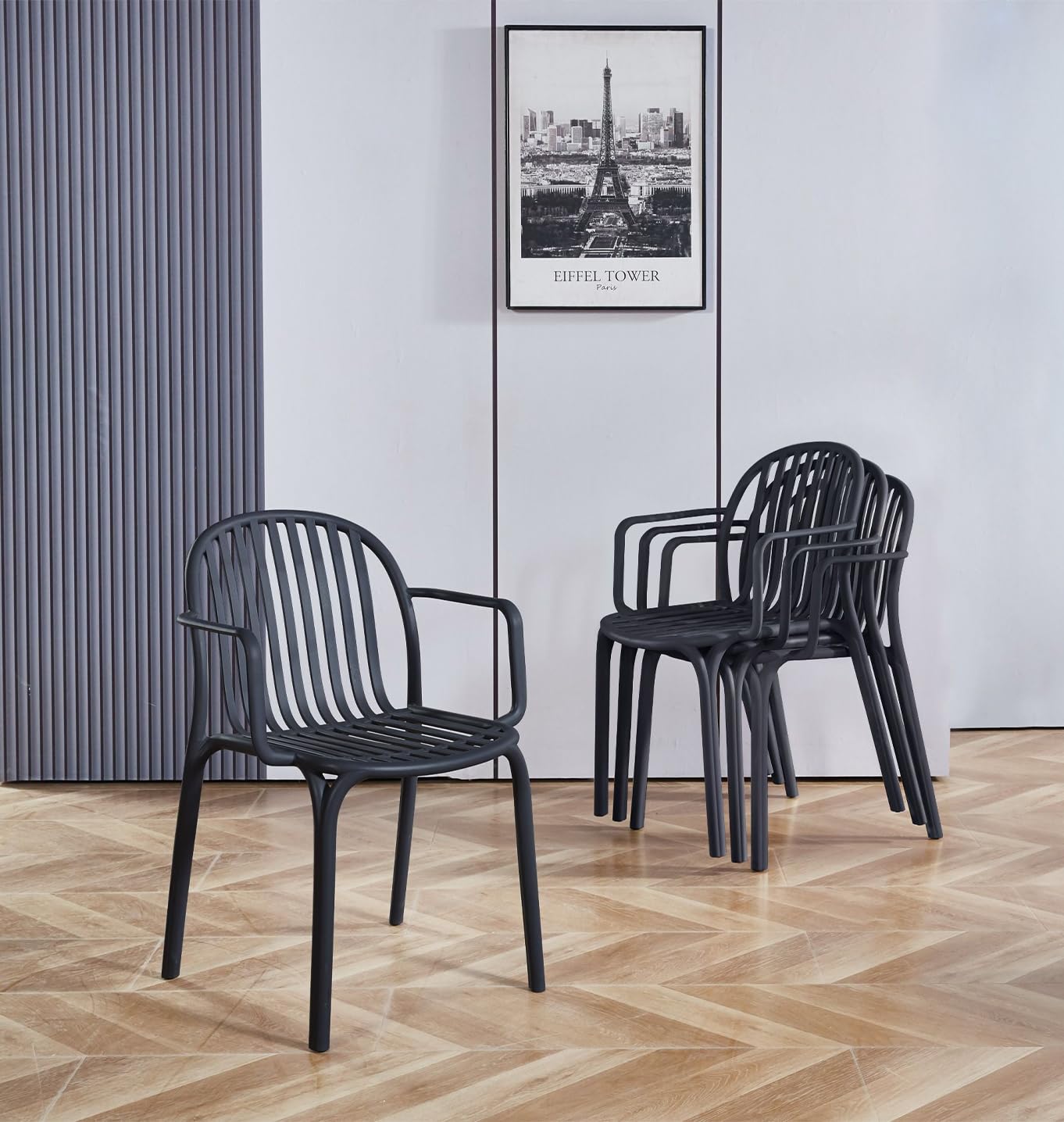 Hallowood Stoker Black Plastic Stackable Chairs with Armrests - Set of 4