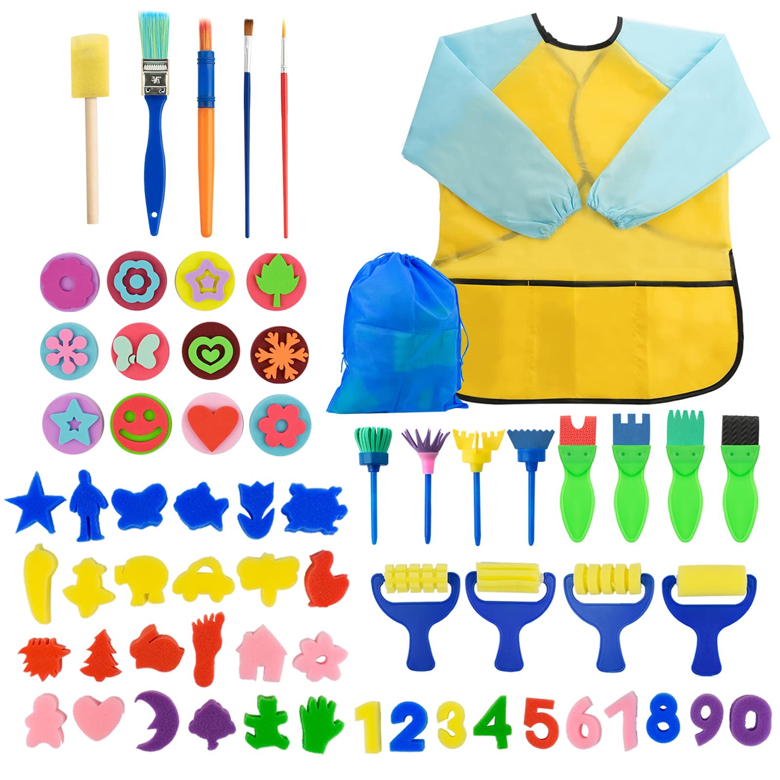 65 Pcs Kids Sponge Paint Brushes Kit with Waterproof Apron