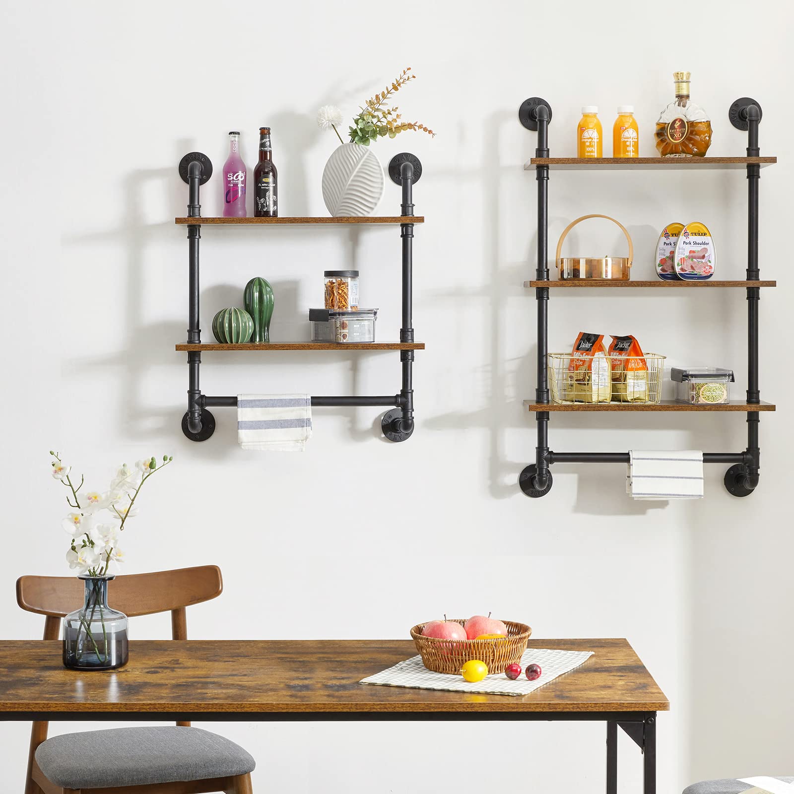 YMYNY 3-Tier Industrial Pipe Wall Mount Shelves | Rustic Wood Bookshelf