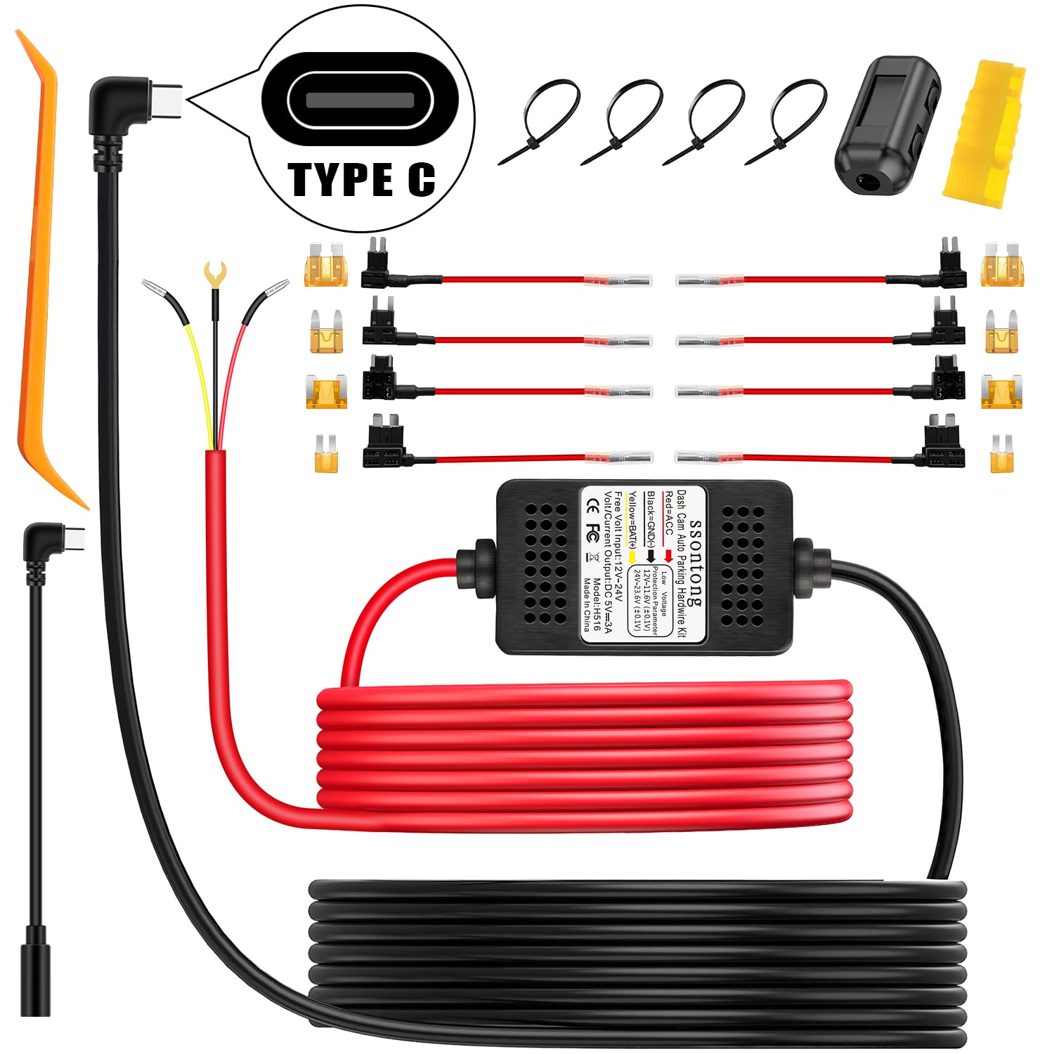 USB-C Dash Cam Hardwire Kit – 12V-24V to 5V ACC Power Cord