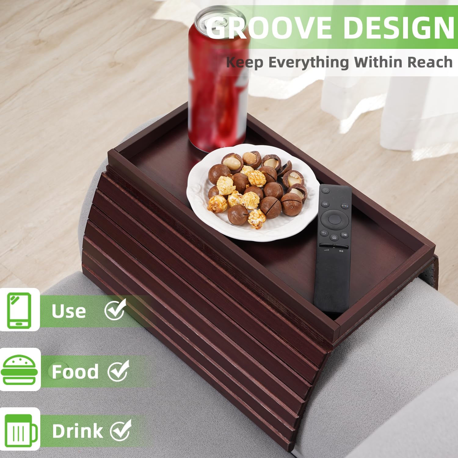 GEHE Bamboo Sofa Arm Tray Table | Foldable Couch Cup Holder – Mahogany