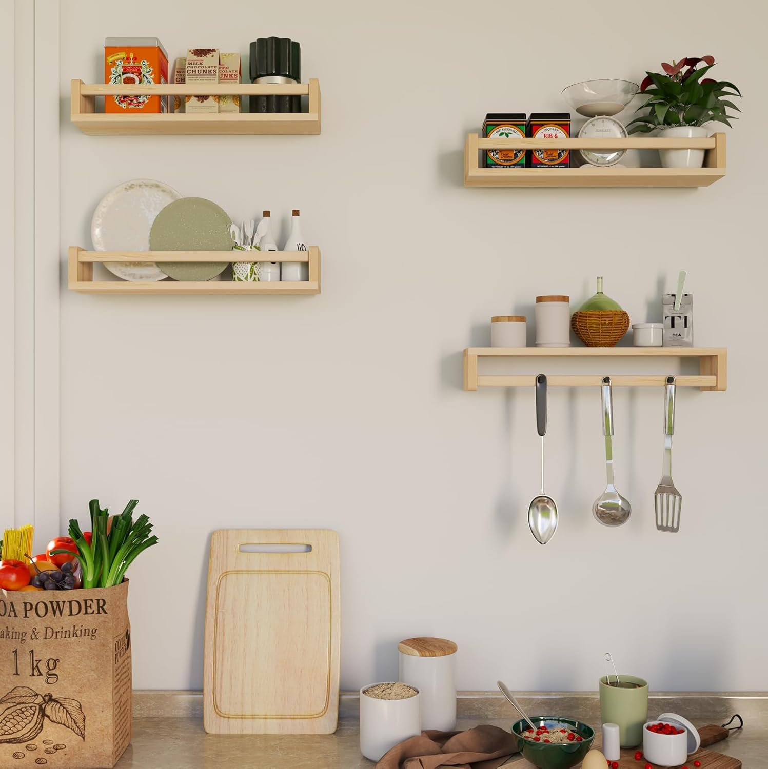 Gieanoo Nursery Floating Shelves – Set of 4 Solid Pine Wood Wall Bookshelves