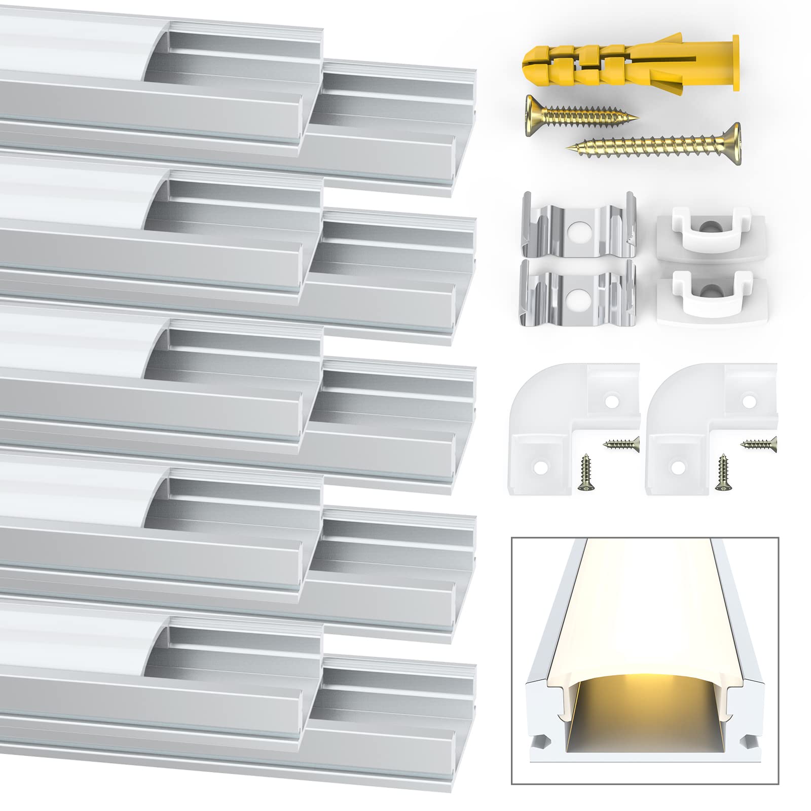 Jirvyuk LED Channel 10-Pack | 1m Aluminum Profile with Milky White Cover