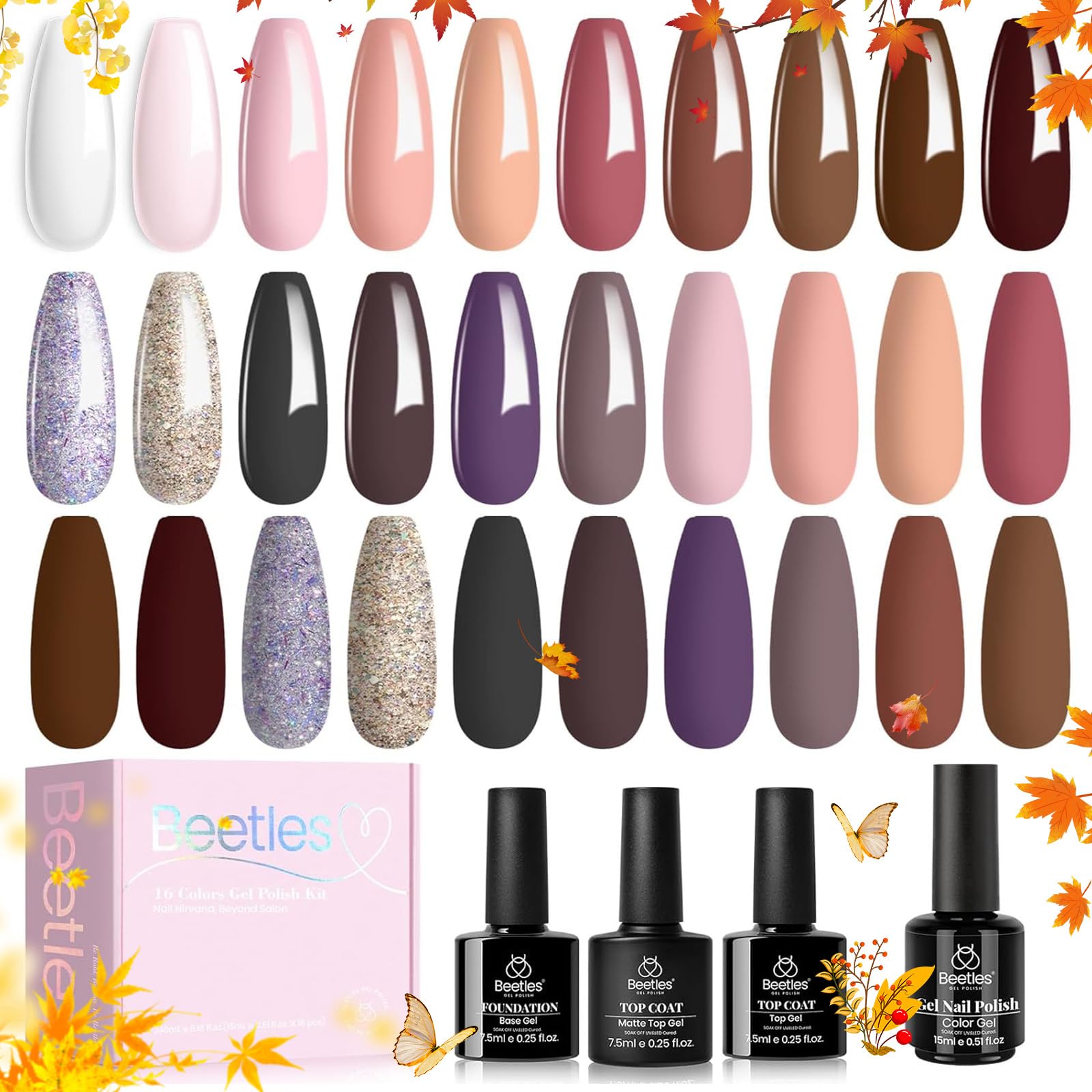 Beetles 16 Color Gel Polish Set – Nude Pink & Glitter Soak Off Kit