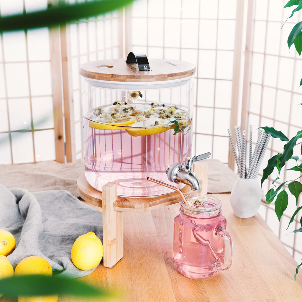Navaris 5L Glass Drinks Dispenser – Borosilicate Jar with Tap and Stand
