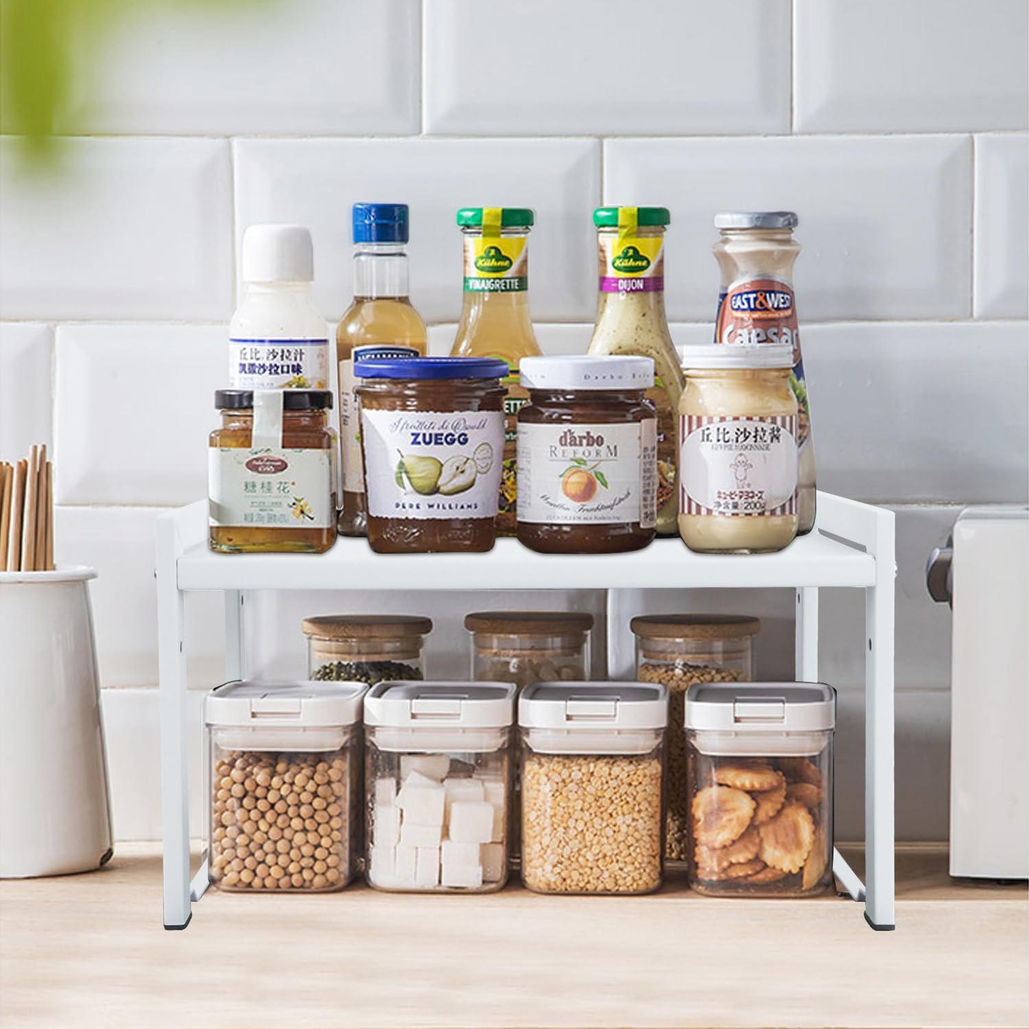 Goodsnetic Expandable Kitchen Cabinet Shelf | 2-Pack Heavy Duty Metal Riser