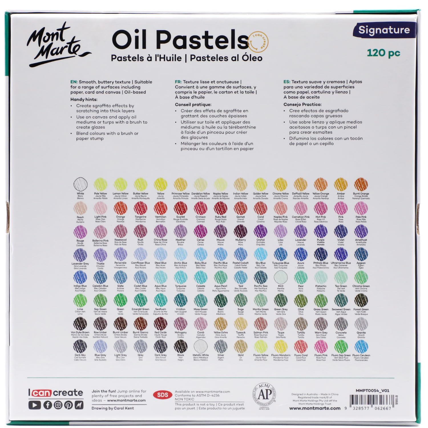 Mont Marte Signature Oil Pastels - 120 Vibrant Colors for Art & Craft