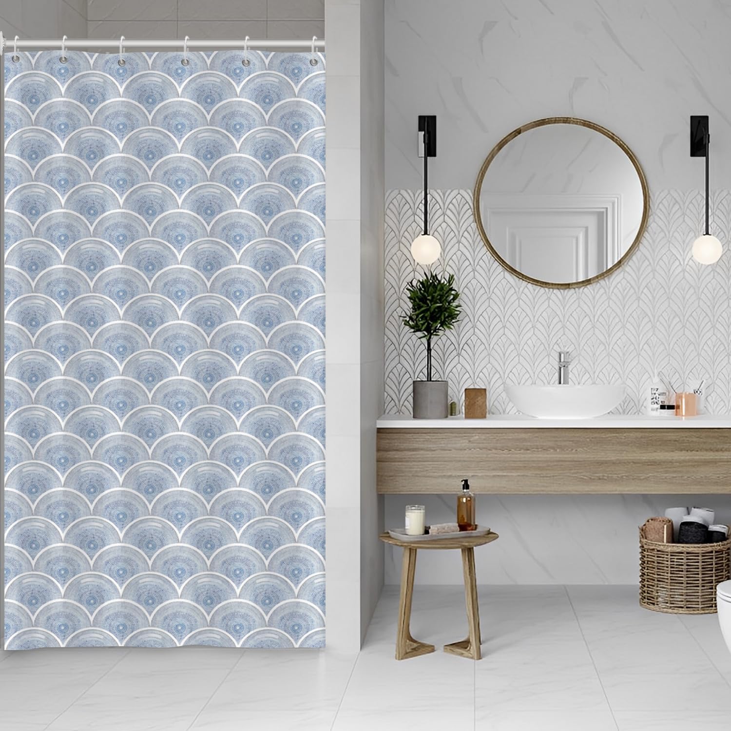 Jolof Store Blue Boho Flower Shower Curtain – Waterproof Polyester