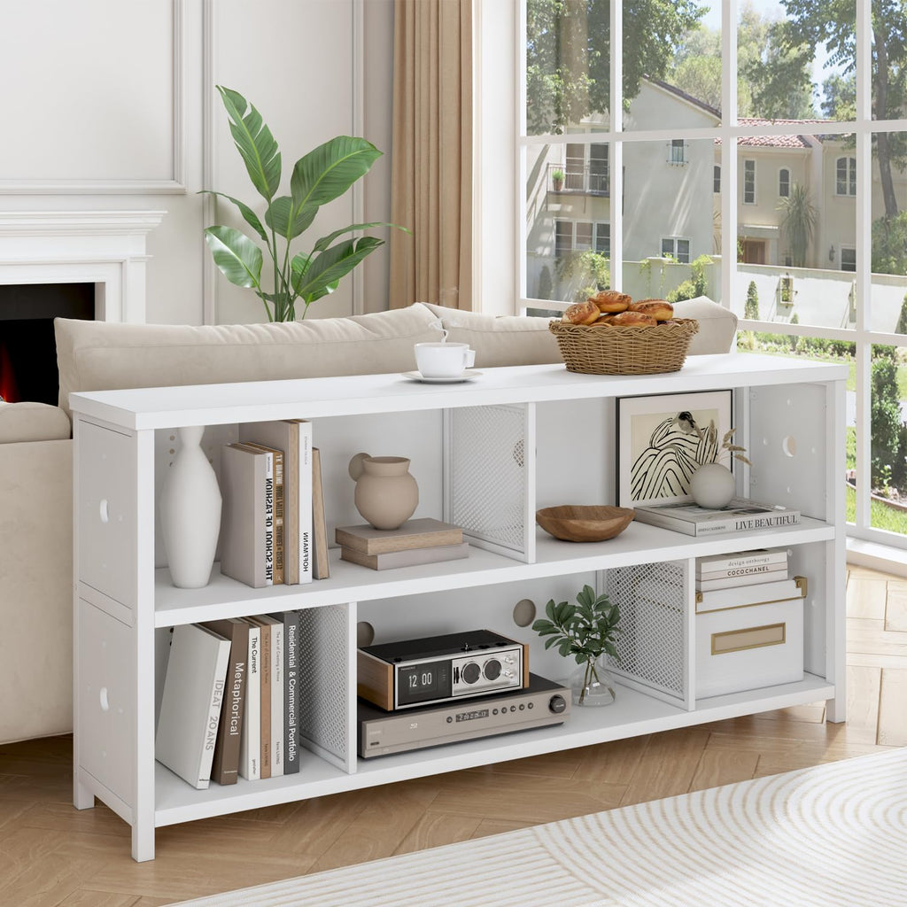 LVB White Horizontal Bookcase, Modern Bookshelf Cube Storage Organizer, Farmhouse Wide Large Wood Metal Book Shelf - image 3