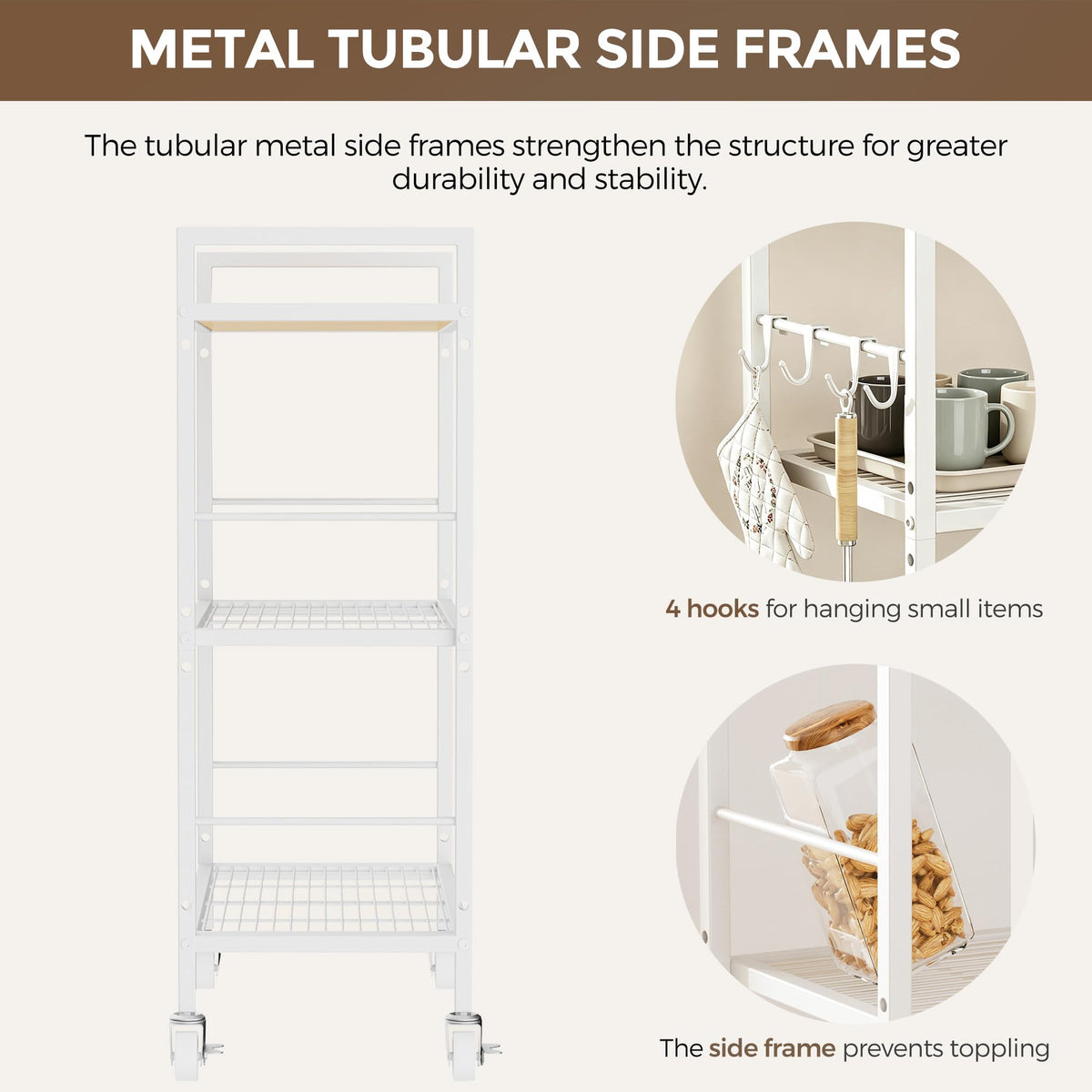 3-Tier kitchen trolley,Oak Wood Top,60W×30Dcm,4 Hooks, Adjustable Shelves - image 4