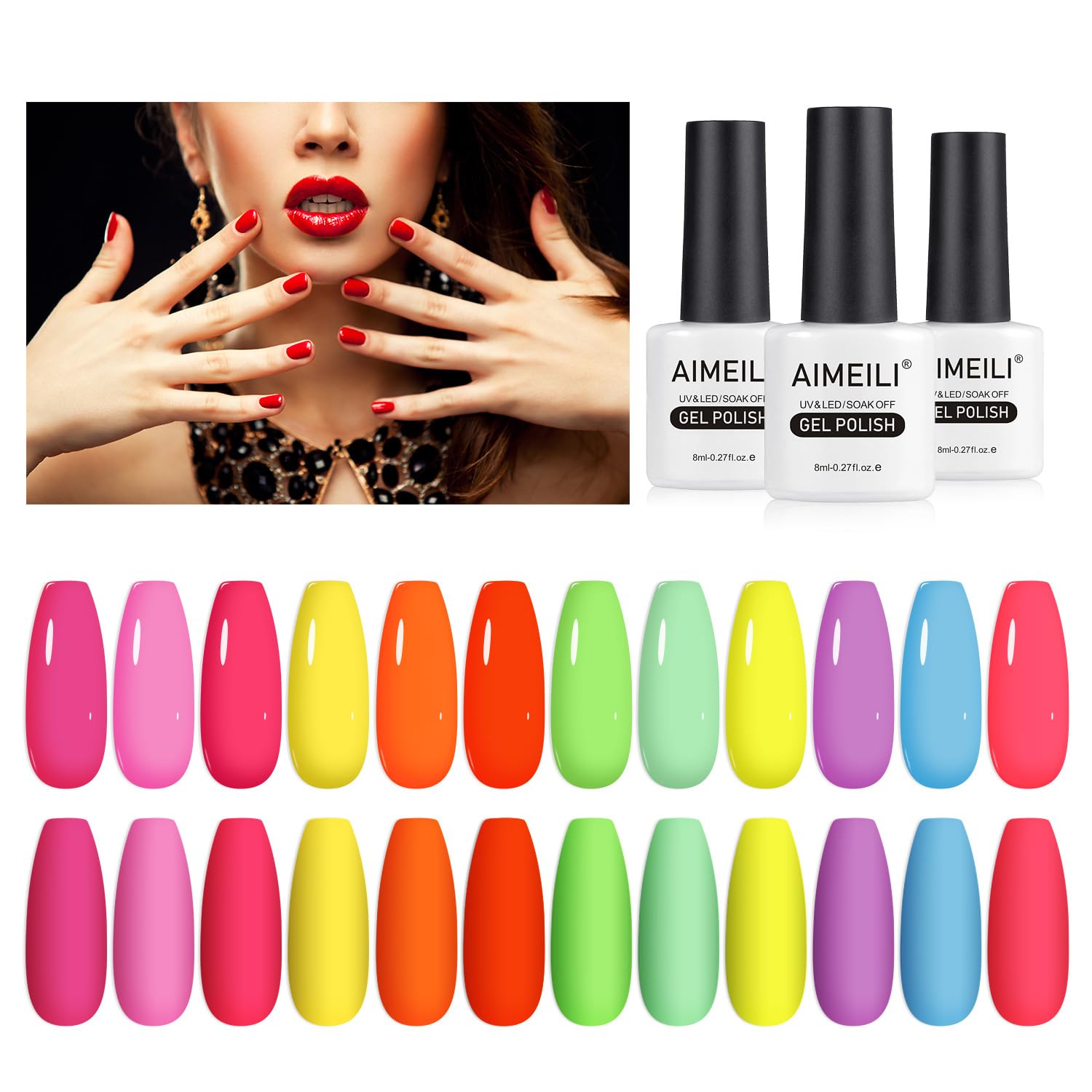AIMEILI Neon Gel Nail Polish Set - 12 Colors Soak Off UV LED Kit