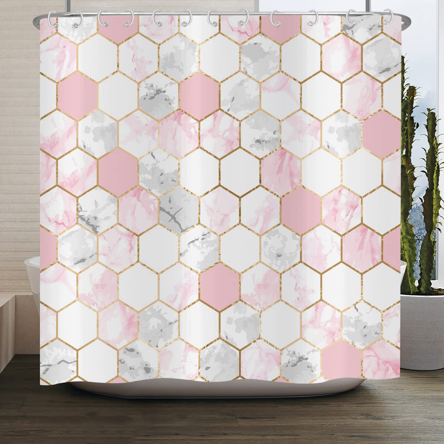 ASDCXZ Marble Shower Curtain | Pink & Gold Luxury Waterproof Polyester