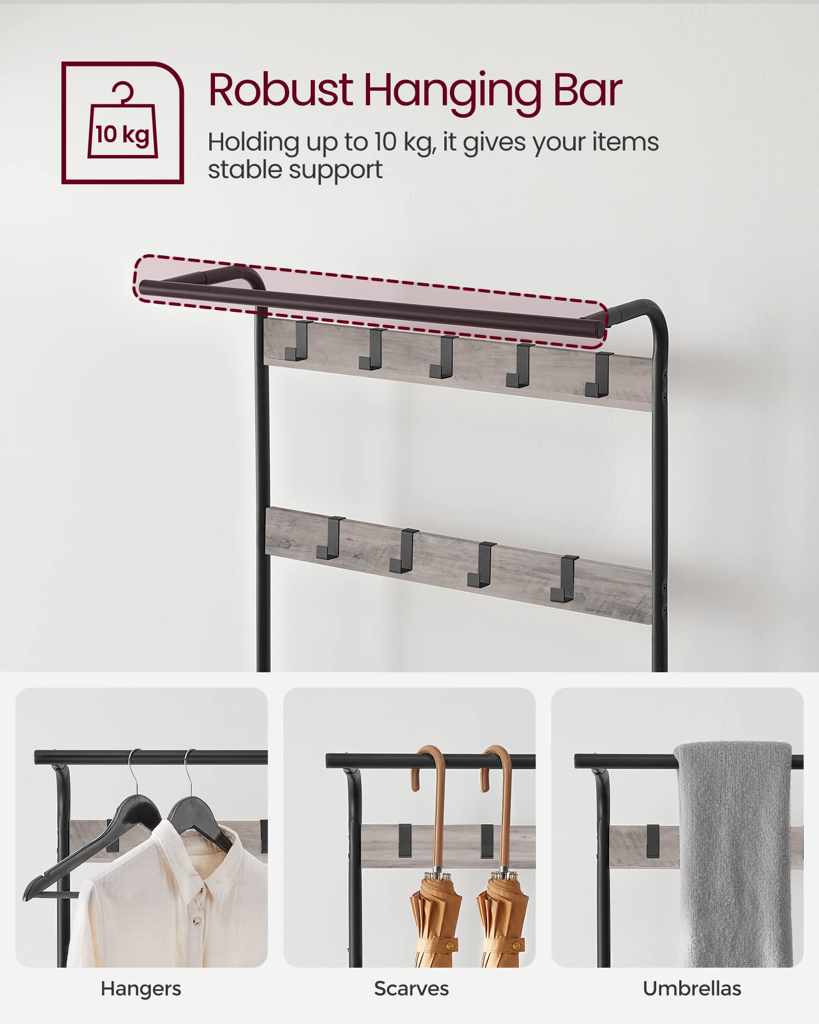 VASAGLE 4-in-1 Coat Rack with Shoe Storage Bench and 9 Hooks – Industrial