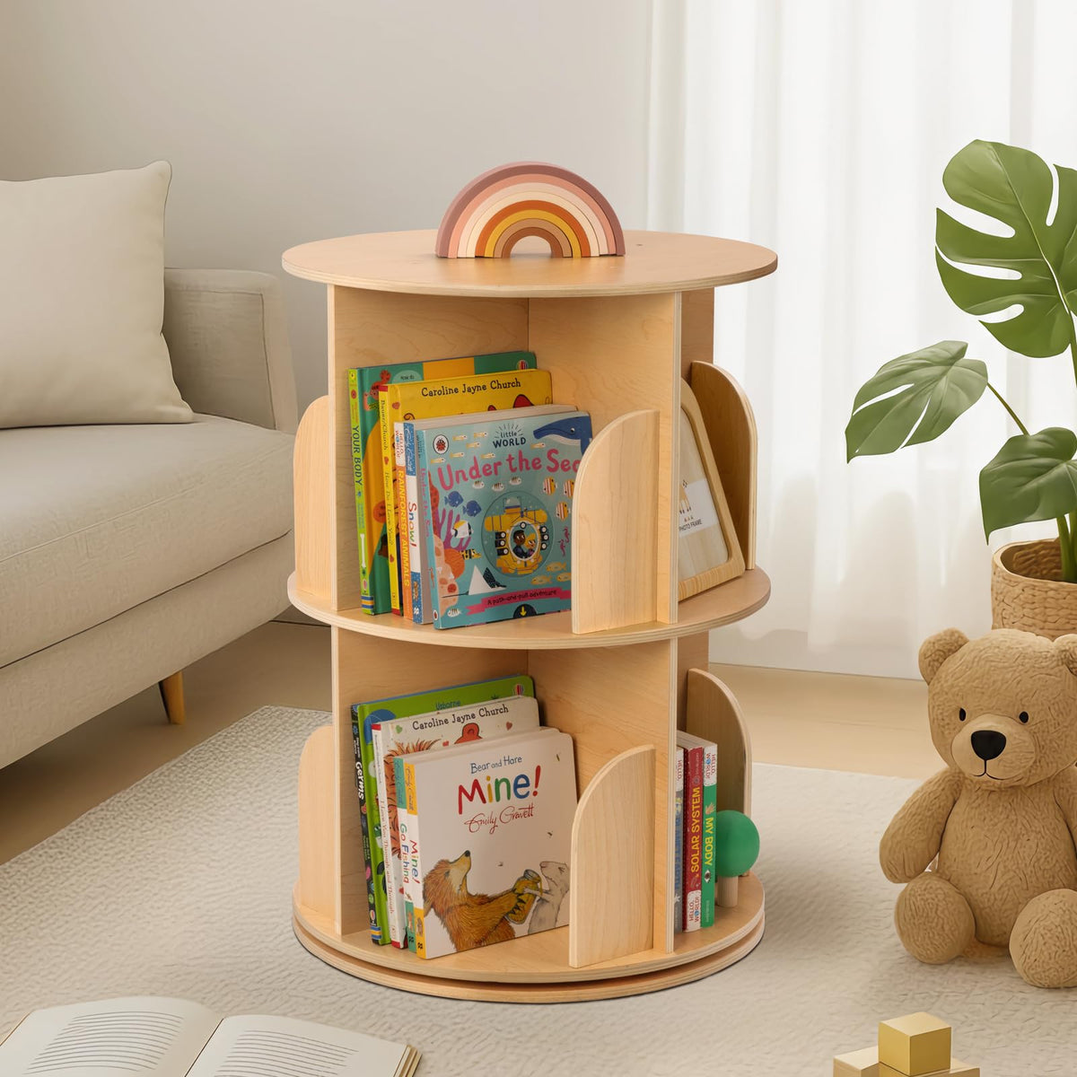 OOOK 2-Tier Rotating Bookshelf, Small Corner Wooden Spinning Book Shelf - image 4